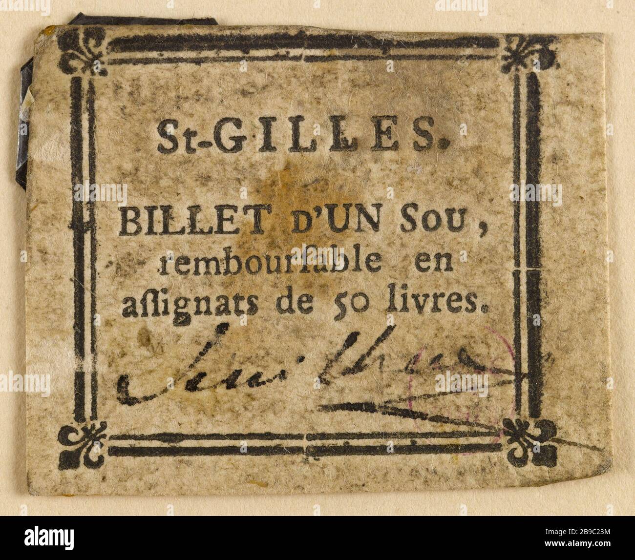 Economico 1 centesimo, Saint-Gilles. Anonyme. Billet d'1 sou, Saint-Gilles. Typographie, encré. Parigi, musée Carnavalet. Foto Stock