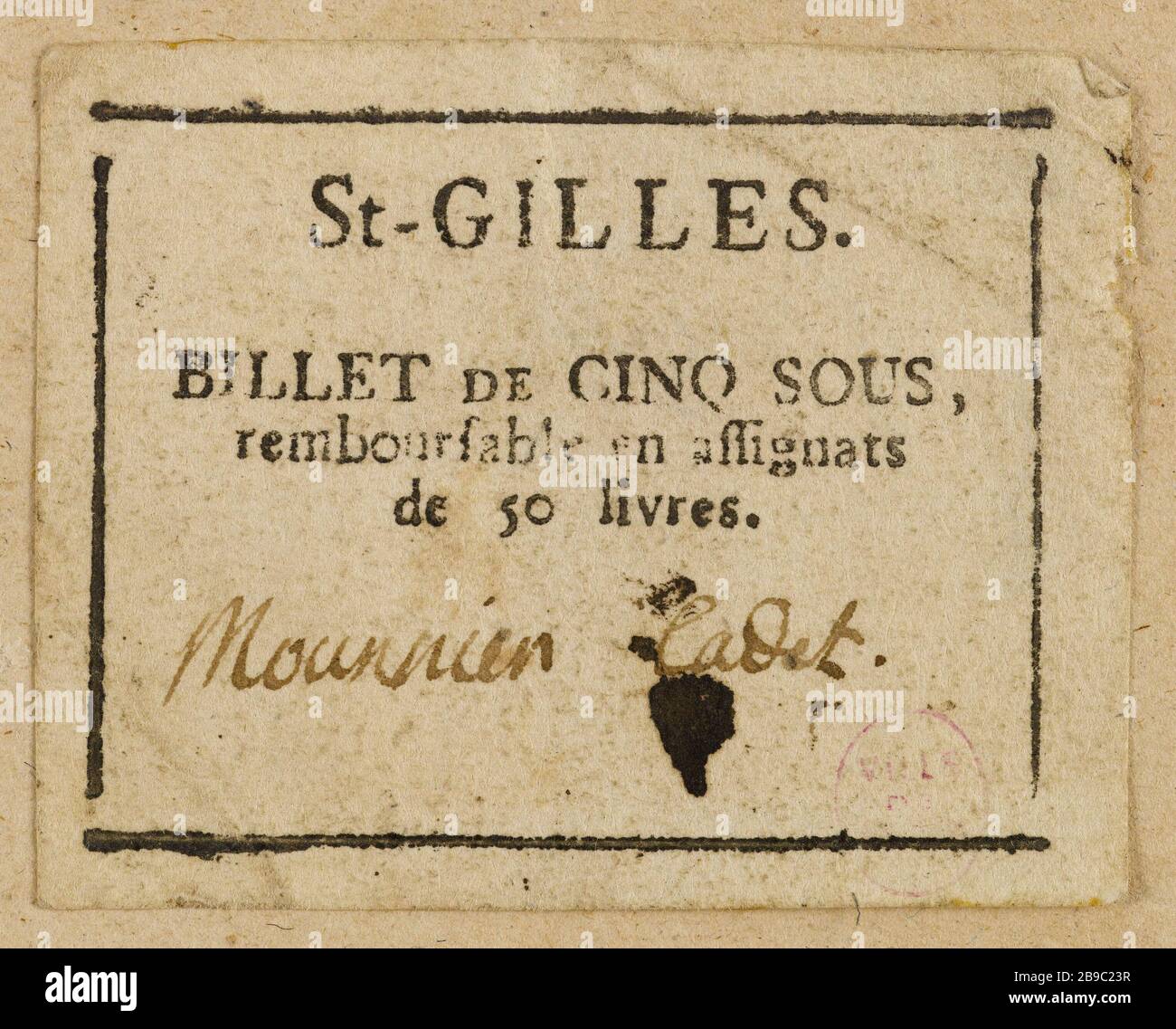 5 nota a Saint-Gilles. Anonyme. Billet de 5 sous, Saint-Gilles. Typographie, encré. Parigi, musée Carnavalet. Foto Stock