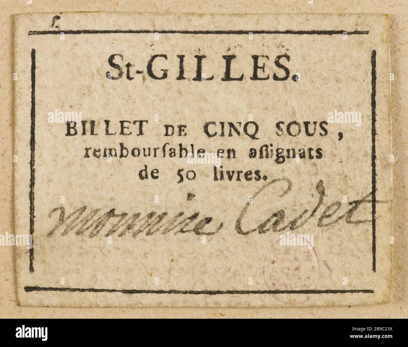 5 nota a Saint-Gilles. Anonyme. Billet de 5 sous, Saint-Gilles. Typographie, encré. Parigi, musée Carnavalet. Foto Stock