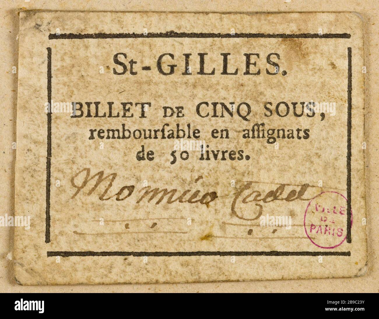5 nota a Saint-Gilles. Anonyme. Billet de 5 sous, Saint-Gilles. Typographie, encré. Parigi, musée Carnavalet. Foto Stock