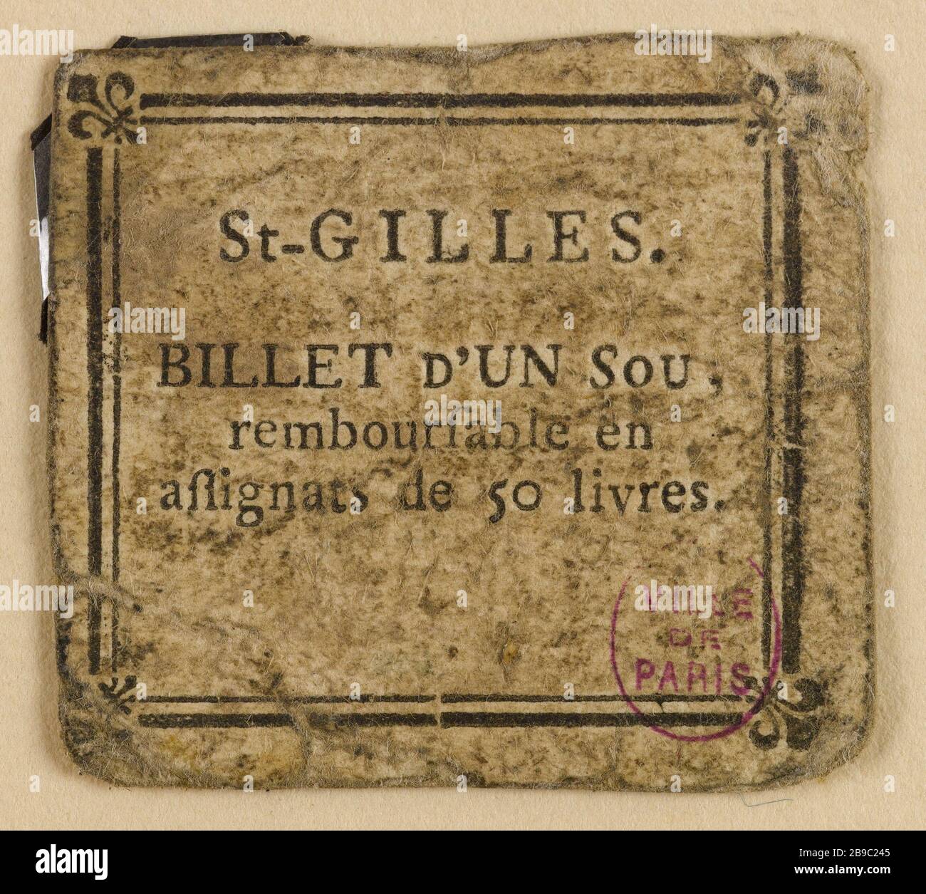 Economico 1 centesimo, Saint-Gilles. Anonyme. Billet d'1 sou, Saint-Gilles. Typographie, encré. Parigi, musée Carnavalet. Foto Stock