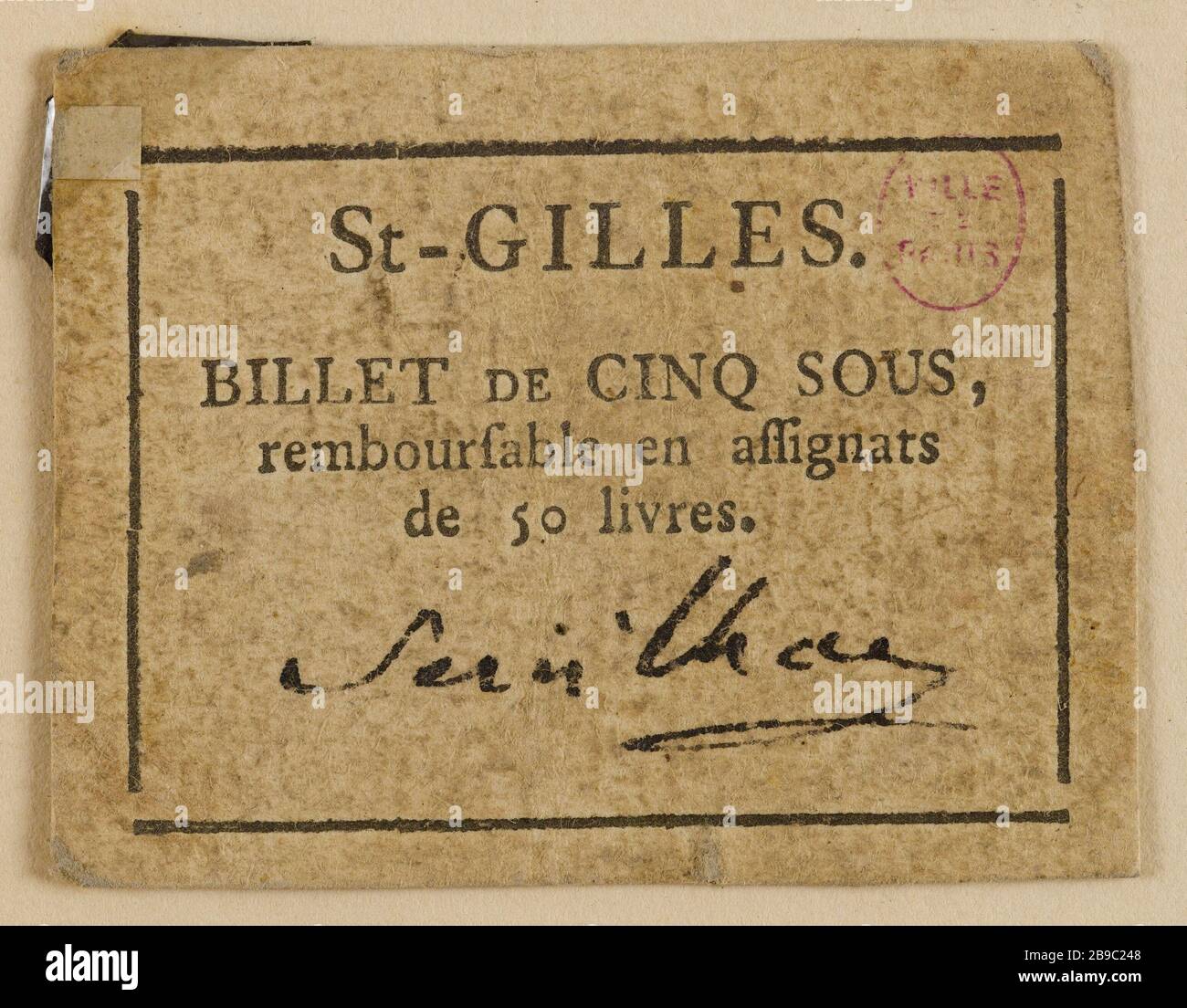 5 nota a Saint-Gilles. Anonyme. Billet de 5 sous, Saint-Gilles. Typographie, encré. Parigi, musée Carnavalet. Foto Stock