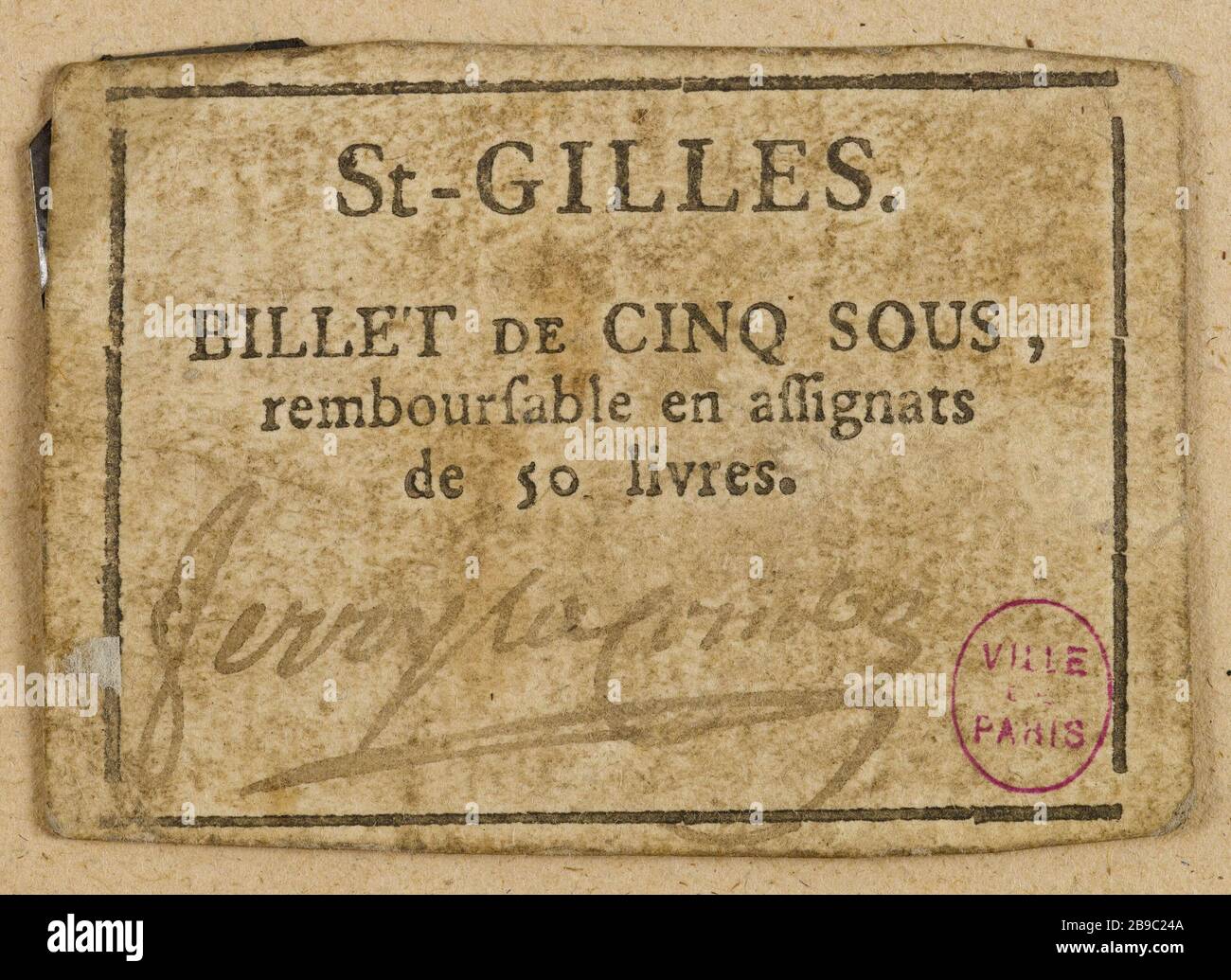 5 nota a Saint-Gilles. Anonyme. Billet de 5 sous, Saint-Gilles. Typographie, encré. Parigi, musée Carnavalet. Foto Stock