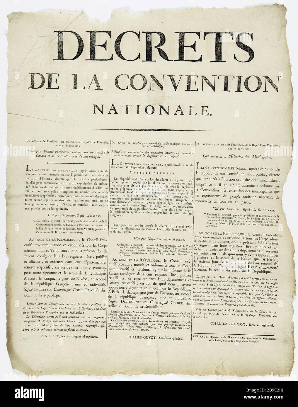 DECRETO DELLA CONVENZIONE NAZIONALE. 1°. Pluviôse giorno, il secondo anno della Repubblica francese, uno e indivisibile, relativo a società particolari [sic] stabiliti per la costruzione di canali e altri stabilimenti [sic] pubblica utilità. Décrets de la Convention nationale relatif aux sociétés particulières établies pour construction de Canaux et autres établissemens [sic] d'utilité publique. Typographie, 1794. Parigi, musée Carnavalet. Foto Stock