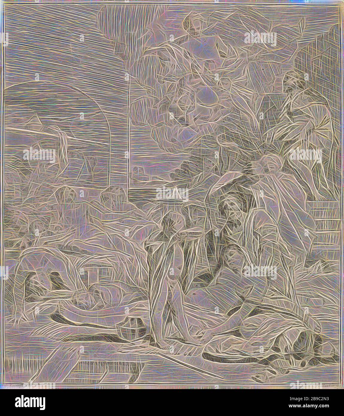 Supplica di San Rochus rappresentazioni bibliche, mitologiche e allegoriche (titolo della serie), durante un focolaio della peste, San Rocco (in alto a destra) implora la Vergine Maria per aiuto. In primo piano un gruppo di persone affette da peste. La stampa fa parte di una serie di rappresentazioni bibliche, mitologiche e allegoriche, San Rocco intercede con Maria per la peste colpita (Maria), cupidi: 'amores', 'amoretti', 'putti', Johannes Glauber (citato in oggetto), 1656 - 1726, carta, incisione, h 340 mm × w 298 mm, Reimagined by Gibon, disegno di calore allegro di luminosità e raggi di luce Foto Stock