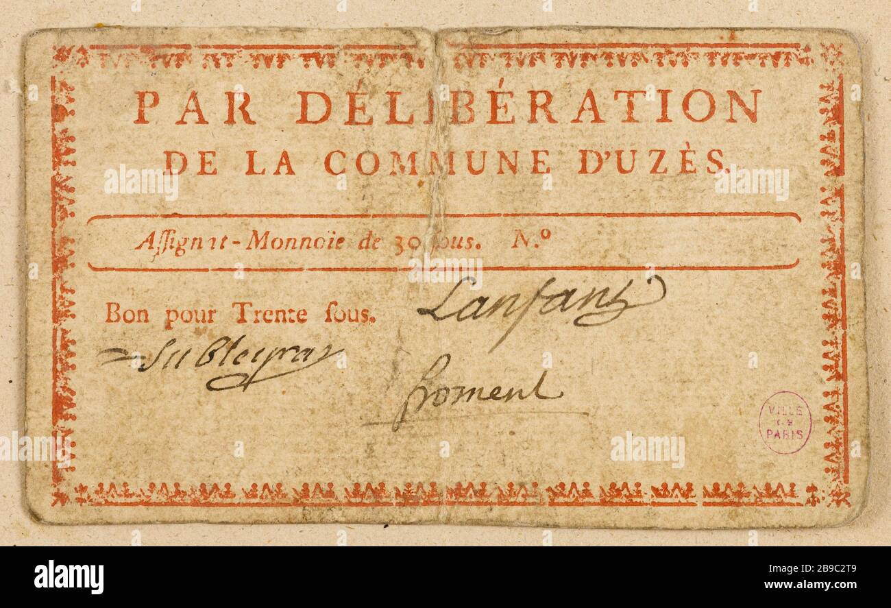 Assignat coin-under 30, città di Uzes. Anonyme. Assignat-monnoie de 30 sous, comune d'Uzès. Typographie rouge, enca. Parigi, musée Carnavalet. Foto Stock