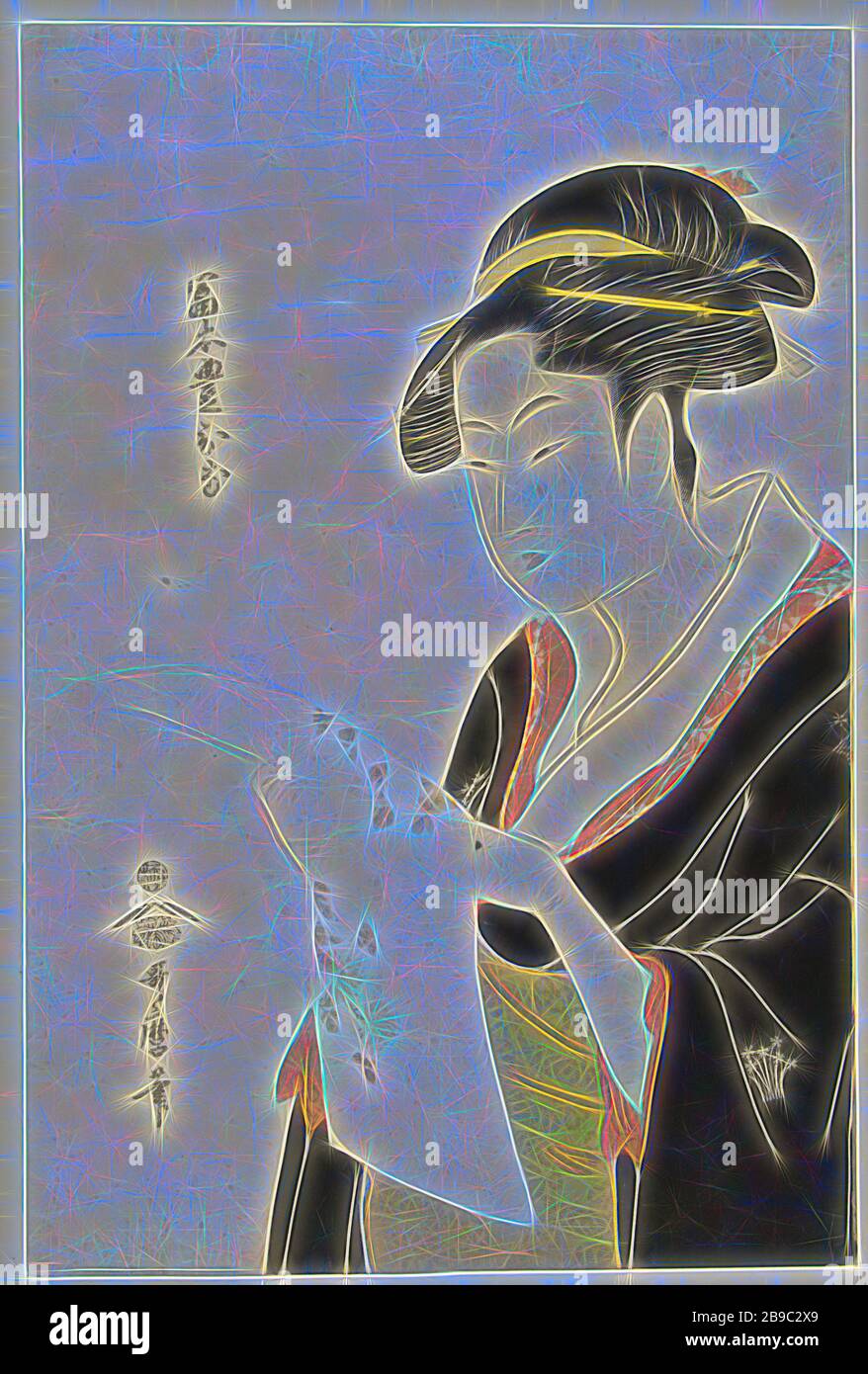 Ritratto di Tomimoto Toyohina Tomimoto Toyohina (titolo su oggetto), ritratto di Busto della famosa bellezza Tomimoto Toyohina. Legge un lungo surimono con un modello di crisantemi. (Bijinga), Kitagawa Utamaro (citato su oggetto), Tokyo, 1792 - 1796, carta, legno a colori, h 380 mm × w 252 mm, Reimagined by Gibon, disegno di calore allegro di luminosità e raggi di luce radianza. Arte classica reinventata con un tocco moderno. La fotografia ispirata al futurismo, che abbraccia l'energia dinamica della tecnologia moderna, del movimento, della velocità e rivoluziona la cultura. Foto Stock