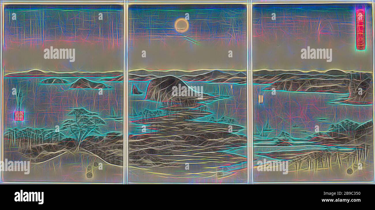 Panorama serale delle otto viste di Kanazawa nella provincia di Musashi  Buyo Kanazawa hassho yakei (titolo su oggetto) neve, luna e fiori (titolo  della serie) Setsugekka (titolo della serie), Vista della baia