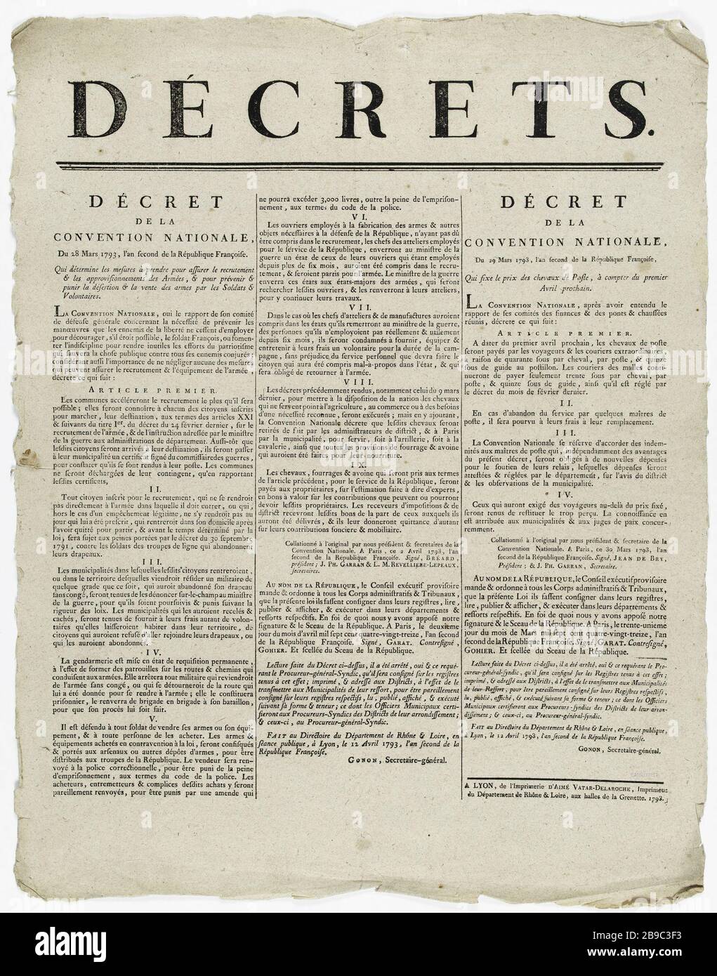 DECRETI. DECRETO DELLA CONVENZIONE NAZIONALE del 28 marzo 1793, secondo anno della Repubblica francese. Chi determina le misure per garantire il reclutamento degli Armed & forniture, e prevenire la diserzione & & punire la vendita di armi da parte di soldati e volontari. Décret de la Convention National qui détermine les mesures à prendre pour assurer le recrutement et les approvisioning des Armées et pour prévenir et punir la désertion et la vente des armes par les Soldats & Volontaires. Typographie, 1793. Parigi, musée Carnavalet. Foto Stock