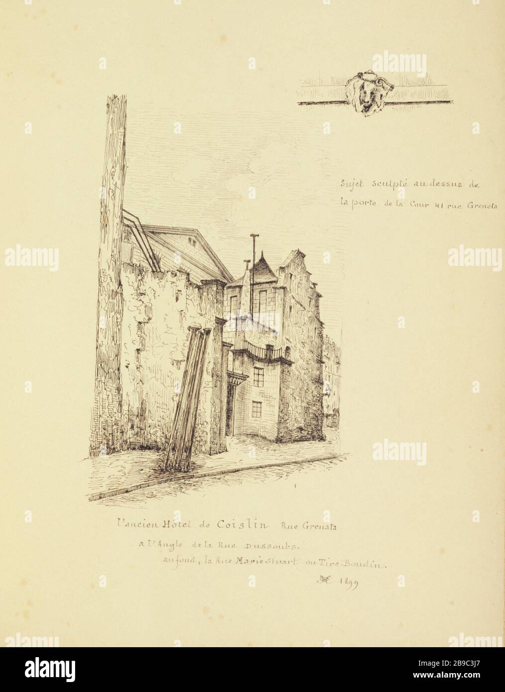 [Vecchia Parigi] ex Hotel Coislin Grenata Street all'angolo di rue Dussobs, 1899. Vendita al dettaglio DeSUS scolpito porta della corte di 41 Grenata strada Henri Chapelle (1850-1925), dessinateur français. Le Vieux Paris. L'ancien Hôtel de Coislin, rue Grenata à l'angle de la rue Dussobs. Détail scolpé au desus de la porte de la cour du 41, rue Grenata. Pennacchio, encre de chine. Parigi (IIème arr.), 1899. Parigi, musée Carnavalet. Foto Stock