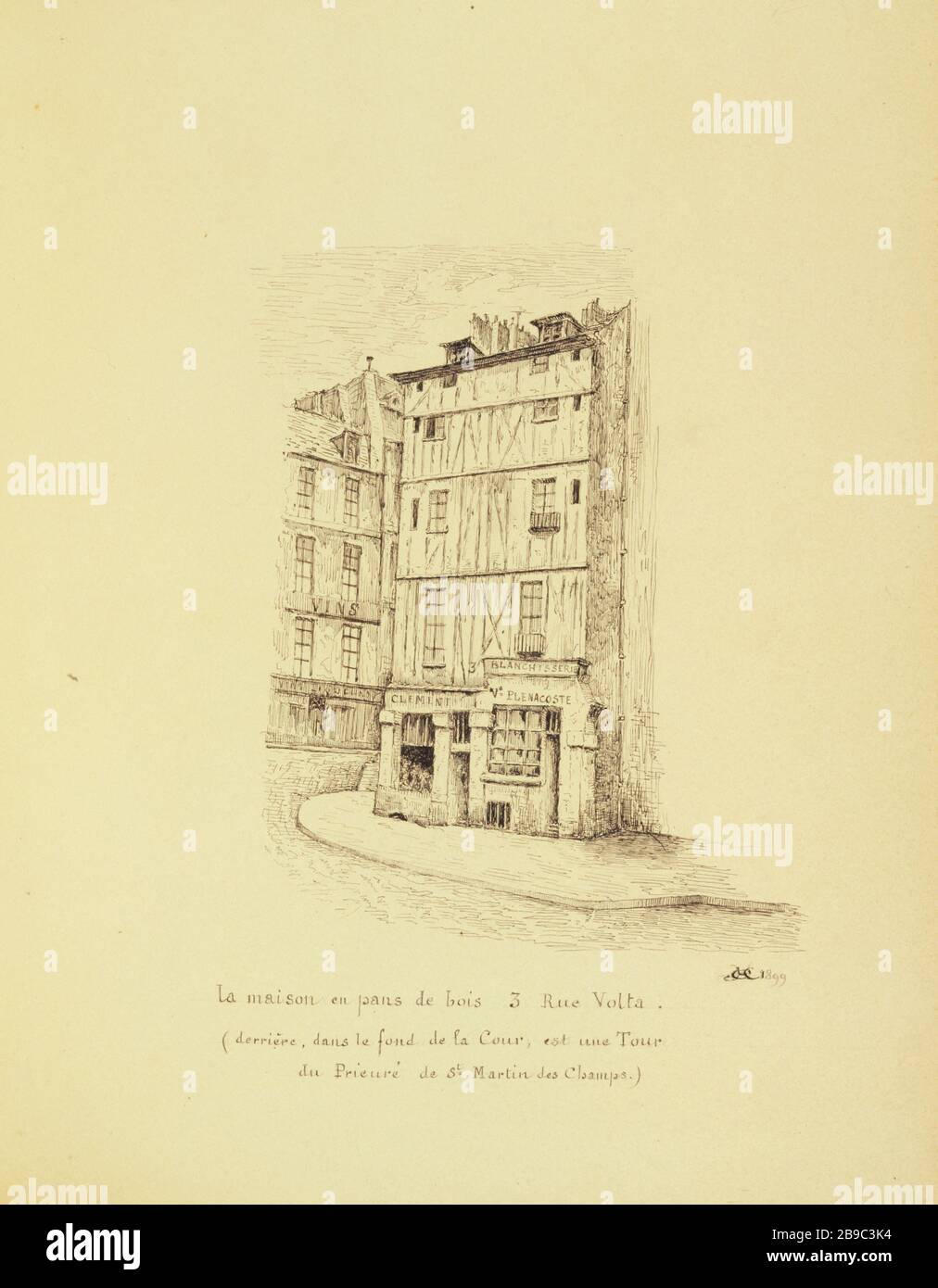 [Vecchia Parigi] la casa a graticcio, 3 rue volta, 1899 Henri Chapelle (1850-1925), dessinateur français. Le Vieux Paris. La maison en pans de bois, 3 rue volta. Parigi (IIIème arr.), 1899. Pennacchio, encre de chine. 1899. Parigi, musée Carnavalet. Foto Stock