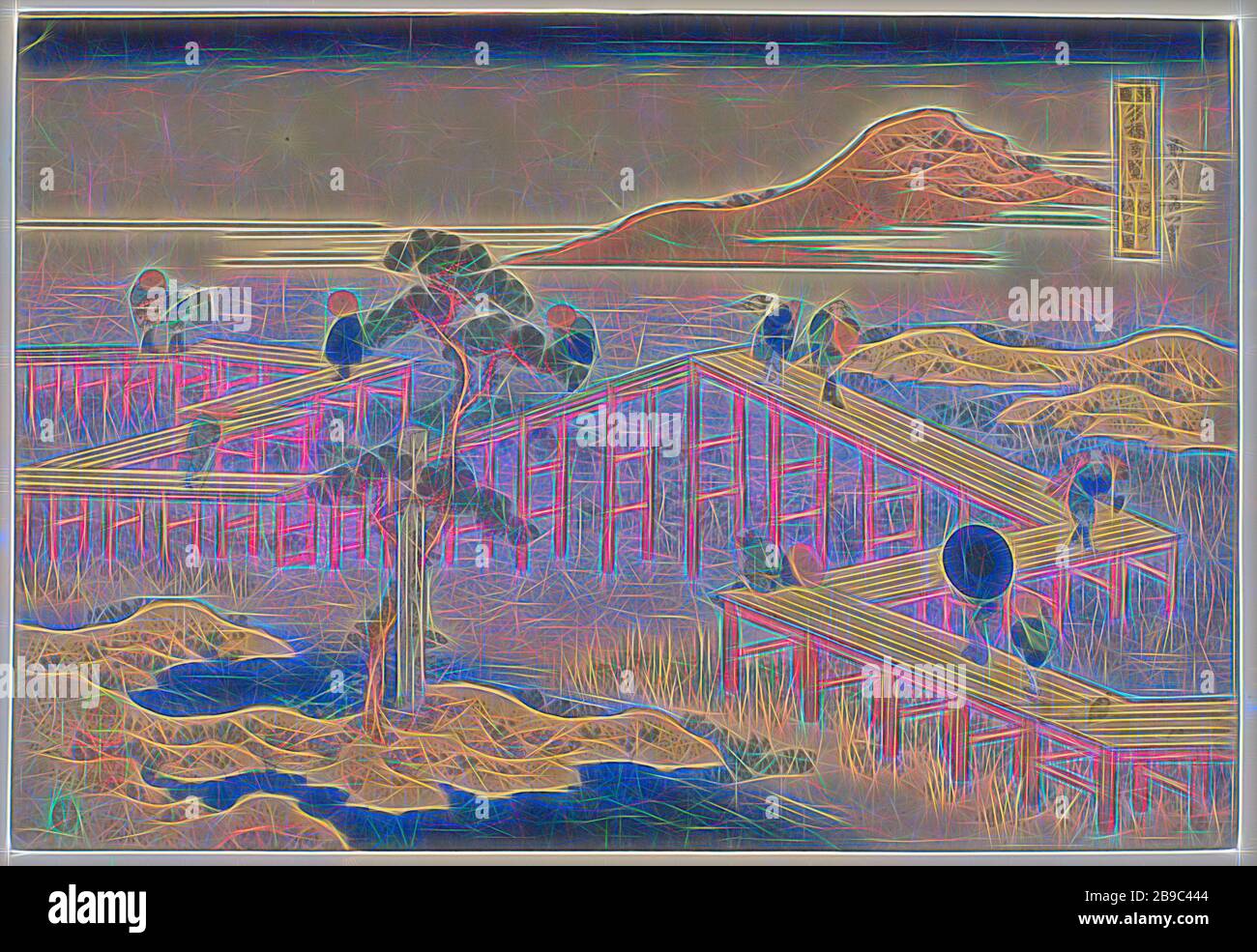 Il ponte a zigzag nella provincia di Mikawa Mikawa no yatsuhashi no kozu (titolo su oggetto) viste di famosi ponti nelle province (titolo della serie) Shokoku meikyo kiran (titolo su oggetto), viaggiatori sul famoso ponte a zigzagging, guardando le piante fiorite nella palude. In primo piano un pino vicino a un monumento buddista, paesaggio con ponte, viadotto o acquedotto, Katsushika Hokusai (menzionato su oggetto), 1830 - 1834, carta, legno tagliato a colori, h 262 mm × w 384 mm, Reimagined by Gibon, design di calore allegro luminoso e raggi di luce radiance. Arte classica reinventata con un mod Foto Stock