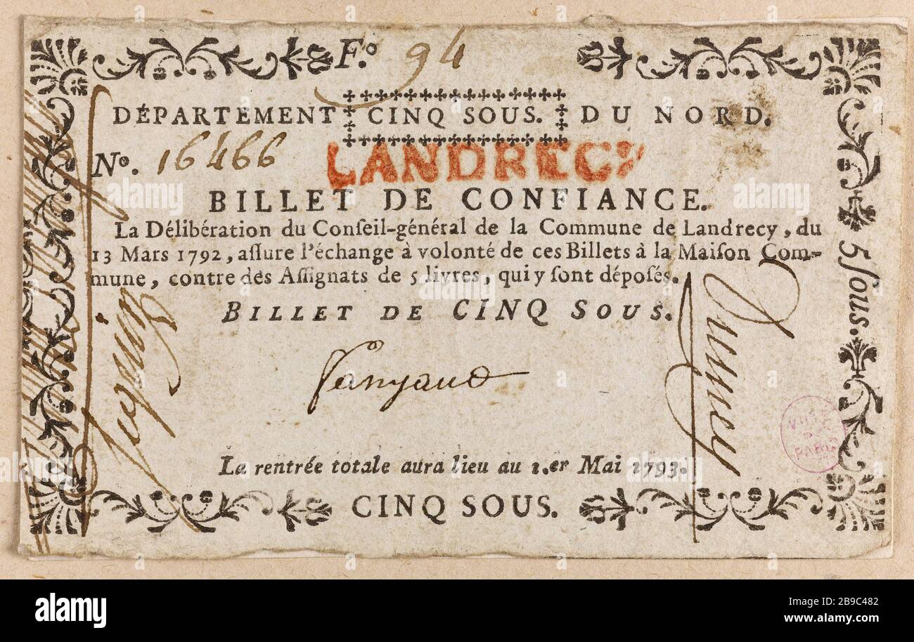 Biglietto 5 in confidenza Landrecy, F 94, n° 16466, decisione del 13 marzo 1792. Anonyme. Billet de confiance de 5 sous, Landrecy, F° 94, n° 16466, délibération du 13 Mars 1792. Typographie, encré, tampon encré rouge. 1790-1793. Parigi, musée Carnavalet. Foto Stock