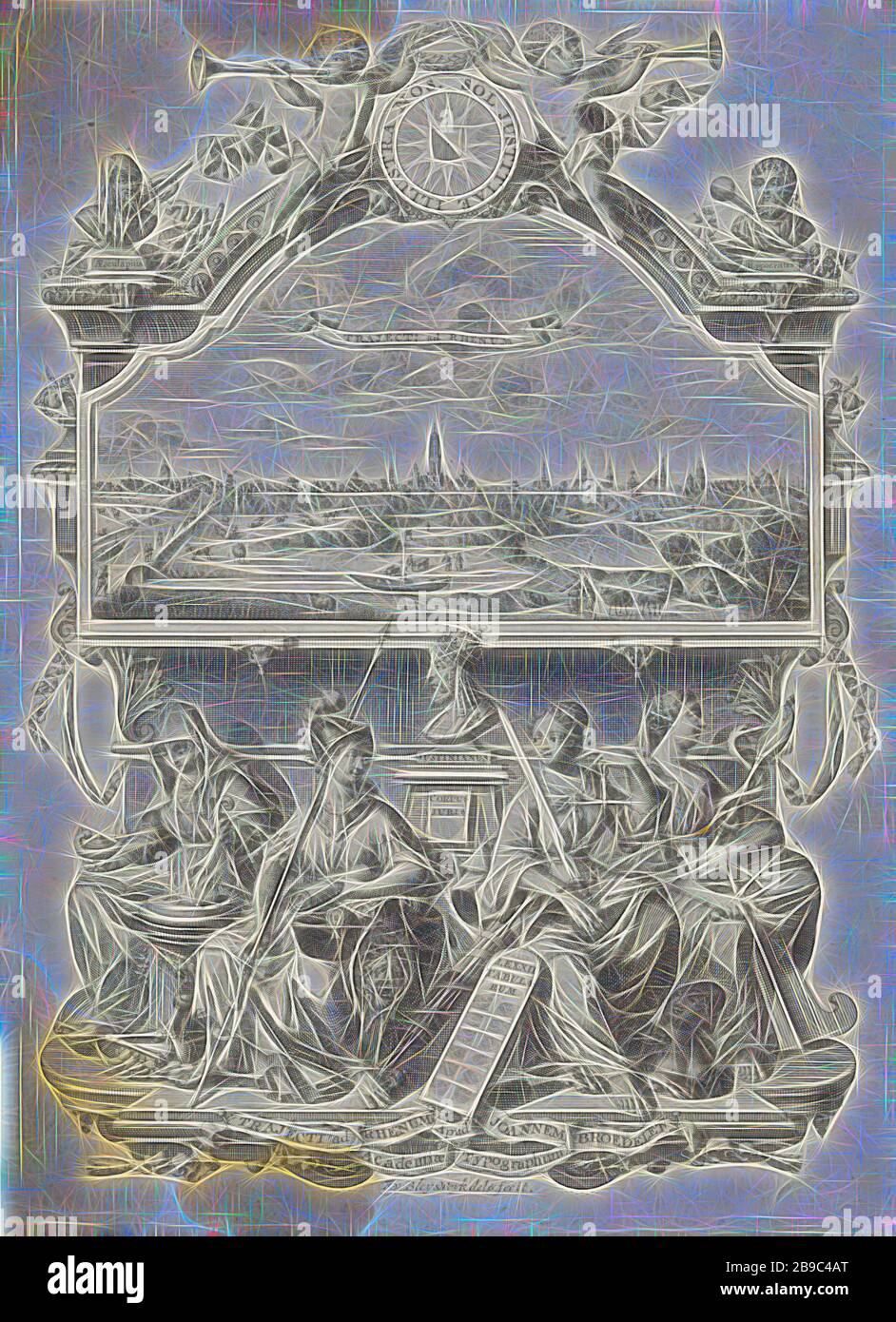 Vista di Utrecht e allegoria con Minerva e virtù, una vista della città di Utrecht con la silhouette della chiesa del Duomo in un ambiente architettonico con la dea Minerva e tre personificazioni delle virtù: la temperanza, della giustizia e della prudenza. La lista è coronato da un scudo rotondo con il motto dell'Università di Utrecht tra due putti che soffia su trombe, (storia di) Minerva (Pallas, Athena), prudenza, 'Prudentia", "prudenza" (RIPA), una delle quattro virtù cardinali - la temperanza, 'Temperantia', 'Temperanza' (RIPA), la giustizia, "Justitia', 'Giustitia divina' (RIPA), Utrecht, François va Foto Stock