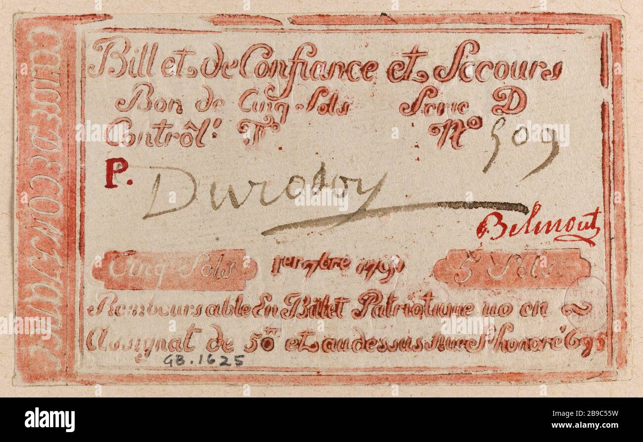 Fiducia dei biglietti e sollievo 5 piani fiducia in denaro 695 rue Saint-Honoré, Serie D, No. 509-P, 1 7bre 1791. Anonyme. Billet de confiance et de secours de 5 sols, caisse de confiance du 695 rue Saint-Honoré, série D, n° 509-P, 1er 7bre 1791. Typographie rouge, enca. 1790-1793. Parigi, musée Carnavalet. Foto Stock