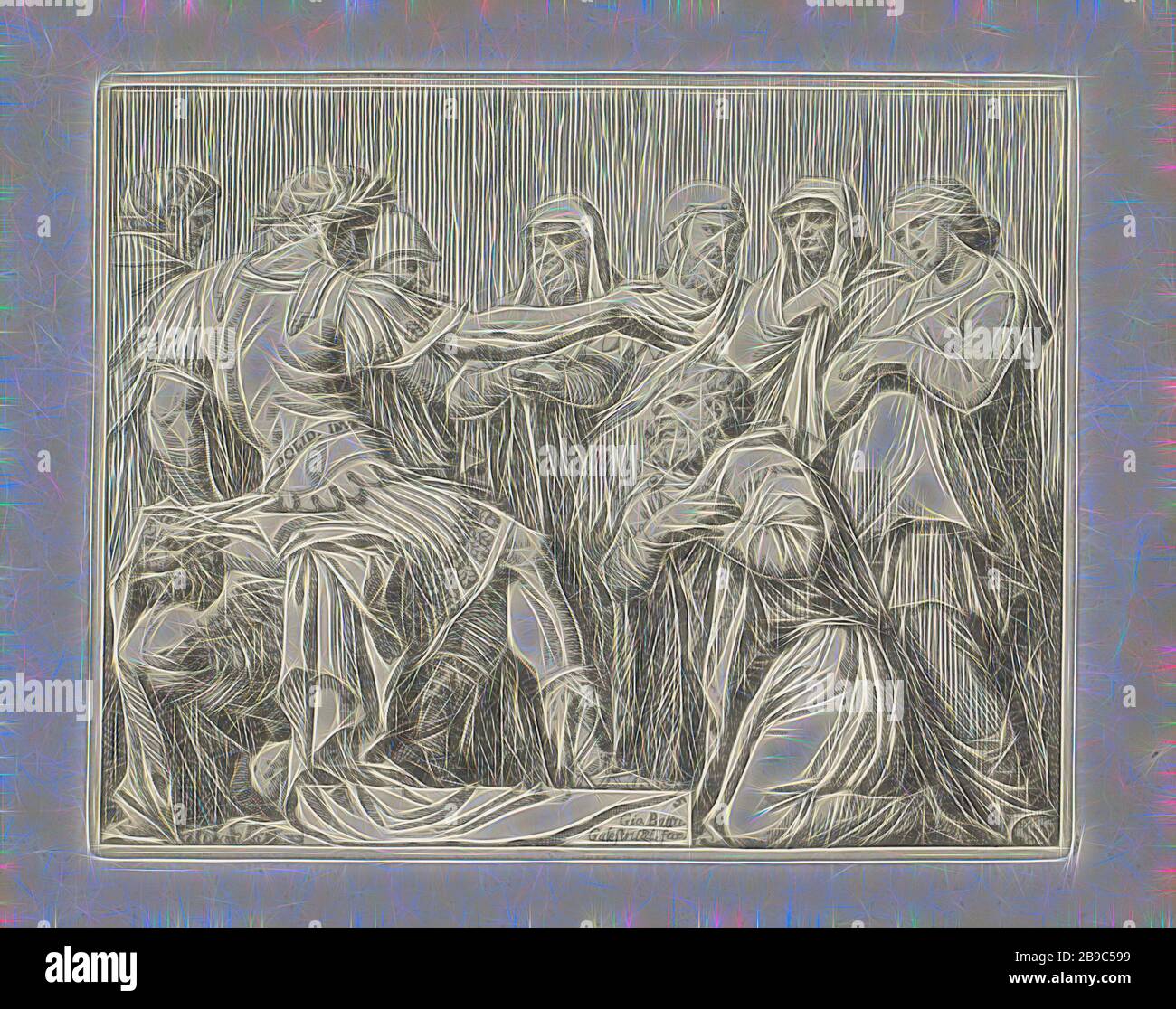 La famiglia di Dario per le scene Alexander della storia romana (titolo della serie), Darius è inginocchiato per Alexander il Grande. Dietro Darius c'è sua moglie e sua figlia. Dario chiede ad Alessandro di liberare la sua famiglia. I servi e i soldati di Alessandro sono presenti come spettatori, la famiglia Dario si inginocchia davanti ad Alessandro, Chi richiede che Sisigambis, madre di Dario, salga, Giovanni Battista Galestruzzi (citato in oggetto), 1625 - 1669, carta, incisione, h 115 mm × w 145 mm, Reimagined by Gibon, disegno di caldo allegro bagliore di luminosità e raggi di luce radianza. L'arte classica reinventata con uno twis moderno Foto Stock