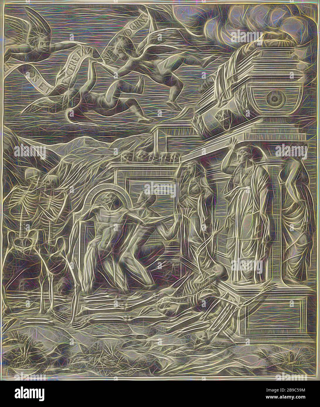 Visione di Ezechiele sulla valle delle ossa, metà destra, la valle piena di ossa secche vestite di carne e venuta alla vita. Vari sarcofagi e lapidi sparsi per tutta la performance. Ci sono cinque putti che galleggiano insieme tenendo un tasso con il testo: Dabo super volpe ner volpe e succrescere facia sup fox carne, la visione di Ezechiele della valle delle ossa secche (Ezechiele 37: 1-10), Giorgio Ghisi (citato in oggetto), 1530 - 1582, carta, incisione, h 413 mm × w 341 mm, Reimagined by Gibon, disegno di calda luce allegra di luminosità e raggi luminosi. Reinvente d'arte classica Foto Stock