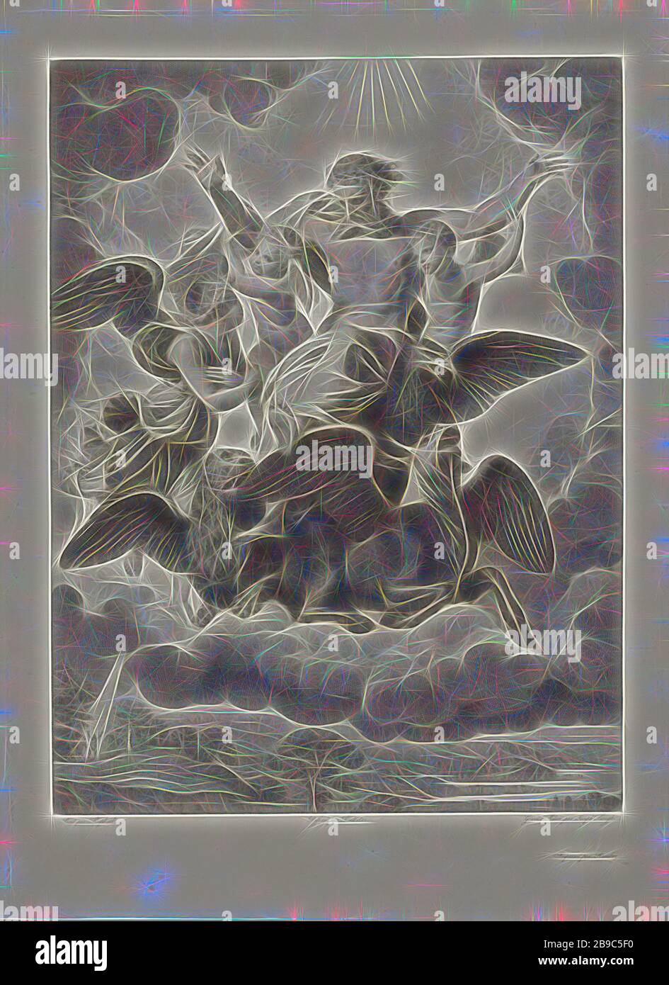 La visione di Ezechiele, Ezechiele, sottostante nel paesaggio, ha una visione di Dio Padre che galleggia nell'aria con i simboli dei quattro Evangelisti e dei due putti, la visione di Dio di Ezechiele seduta sul suo trono portata da quattro tetramorfi, ciascuno dei quali ha quattro ali, Ruote all'interno di ruote accanto a loro, Giuseppe Longhi (citato su oggetto), Milaan, 1776 - 1831, carta, incisione, h 470 mm × w 341 mm, Reimagined by Gibon, disegno di calore allegro di luminosità e raggi di luce radianza. Arte classica reinventata con un tocco moderno. La fotografia ispirata al futurismo, che abbraccia l'energia dinamica di Foto Stock