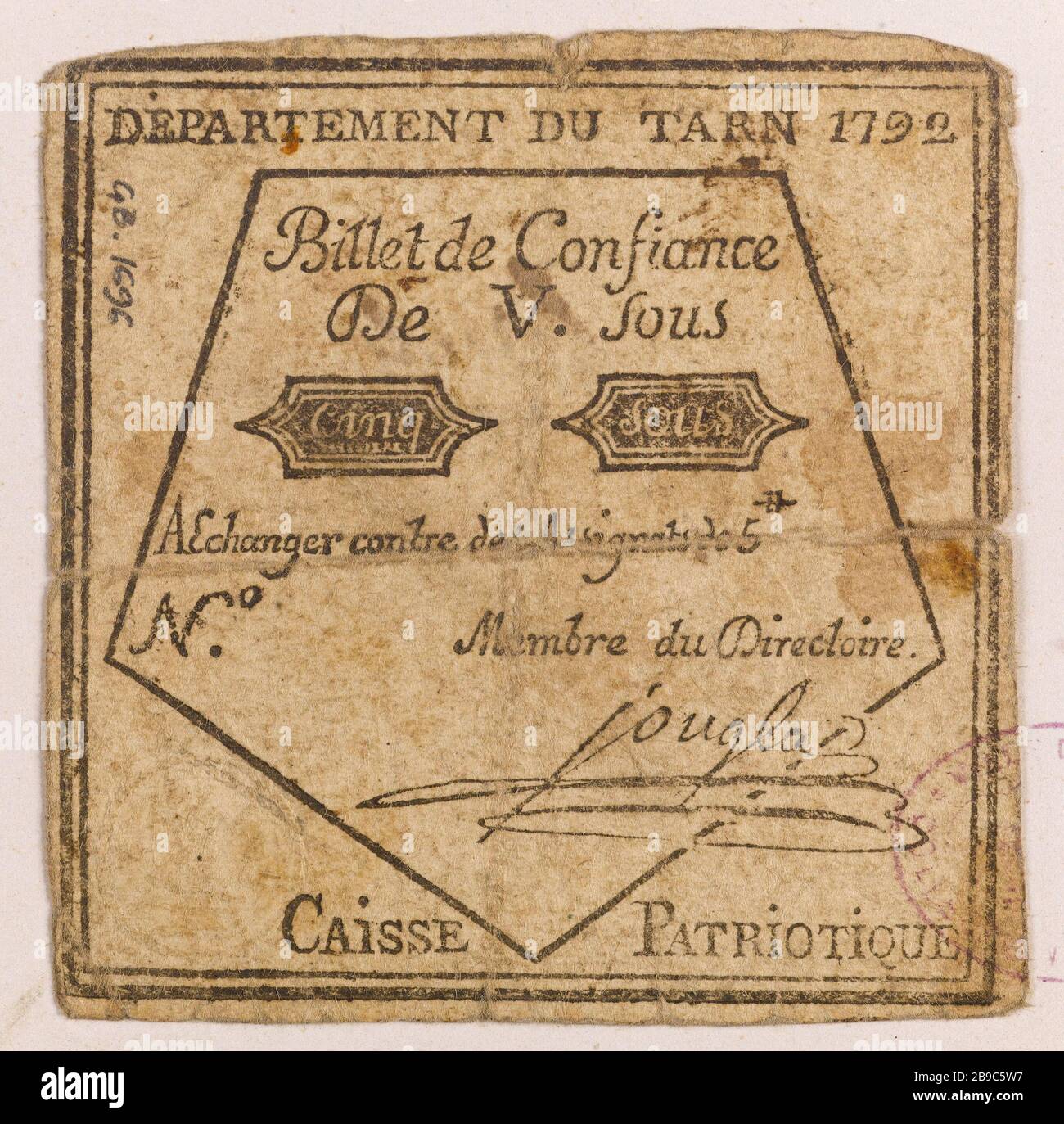 Sicurezza dei biglietti sotto i 5 anni, dipartimento Tarn, 1792. Anonyme. chabet de 5 sous, département du Tarn, 1792. Typographie. 1790-1793. Parigi, musée Carnavalet. Foto Stock