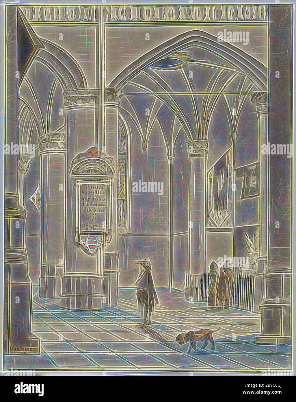 Interno della Chiesa, interno della Chiesa con tre figure e in primo piano un cane., interno di chiesa, cane, Christiaan Josi, Noord-Nederland, 1821, carta, incisione, h 190 mm × w 150 mm, Reimagined da Gibon, disegno di calore allegro di luminosità e raggi di luce radianza. Arte classica reinventata con un tocco moderno. La fotografia ispirata al futurismo, che abbraccia l'energia dinamica della tecnologia moderna, del movimento, della velocità e rivoluziona la cultura. Foto Stock