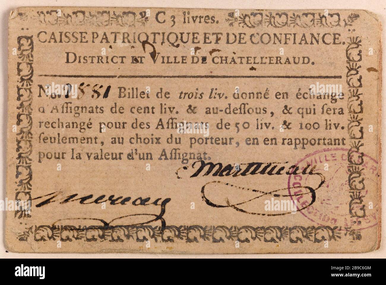 Biglietto 3 libbre, tamburo patriottico e fiducia Chatelleraud, 2881-C. Anonyme. Billet de 3 livres, caisse patriotique et de confidance de Chatelleraud, n° 2881-C. Typographie, encré. 1790-1793. Parigi, musée Carnavalet. Foto Stock
