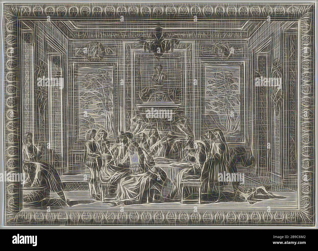 Interni con elegante azienda a tavola caminetti e pannelli (titolo serie) Cheminés et lambris (titolo serie ), interno della casa, focolare aperto, camino, ricco, tapezzeria, godelin maker, Jean Lepautre, 1628 - 1682, carta, incisione, h 146 mm × w 203 mm, Reimagined by Gibon, design di calore allegro di luminosità e raggi di luce radianza. Arte classica reinventata con un tocco moderno. La fotografia ispirata al futurismo, che abbraccia l'energia dinamica della tecnologia moderna, del movimento, della velocità e rivoluziona la cultura. Foto Stock