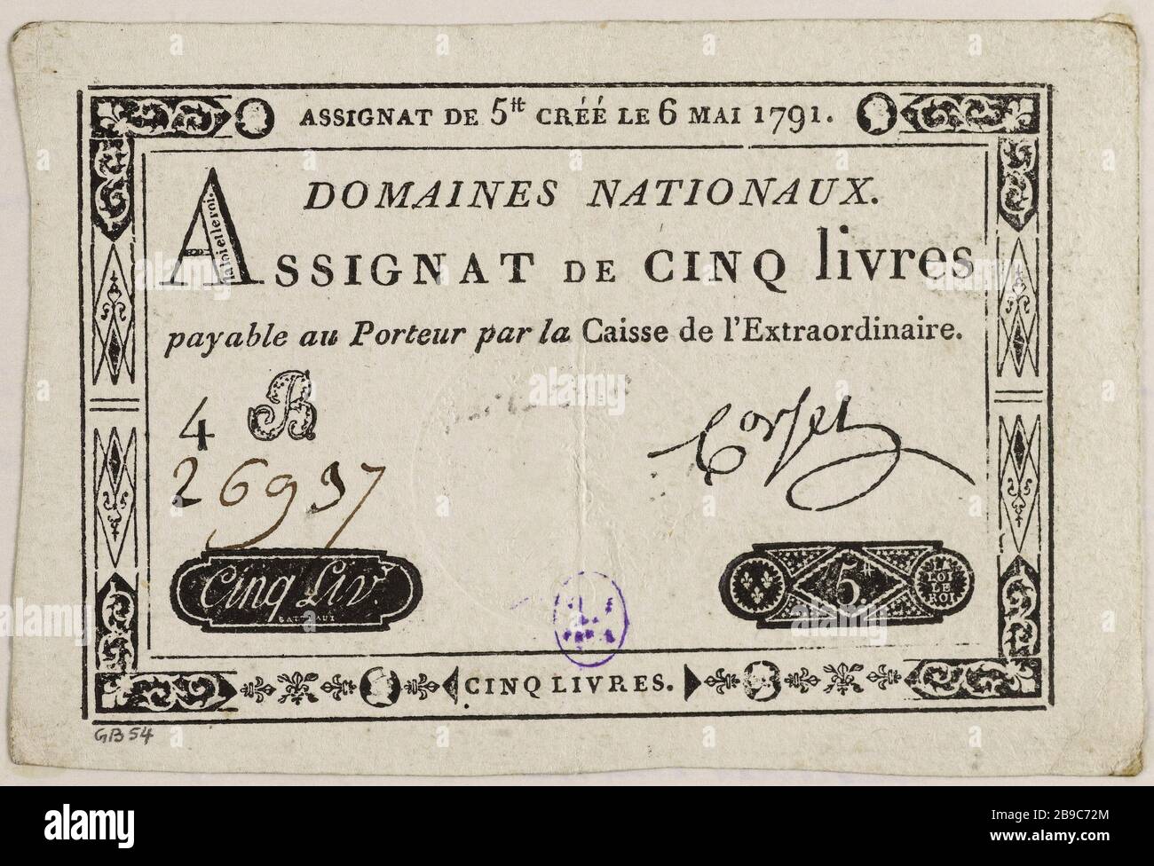Assigned livres 5, No. 4 B - 26 937, 6 Maggio 1791 Nicolas-Marie Gatteaux (1751-1832), graveur français. Caisse de l'Extraordinaire. Assignat de 5 livres, n° 4 B - 26937, 6 mai 1791. Typographie, encré. Parigi, musée Carnavalet. Foto Stock