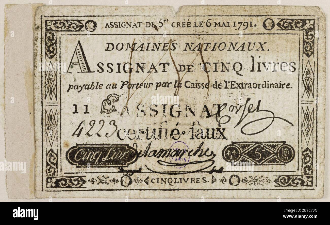 Assegnato cinque livres, n° 11 e - 4223, 6 maggio 1791 Nicolas-Marie Gatteaux (1751-1832), graveur français. Caisse de l'Extraordinaire. Assignat de 5 livres, n° 11 e - 4223, 6 mai 1791. Typographie, encré. Parigi, musée Carnavalet. Foto Stock