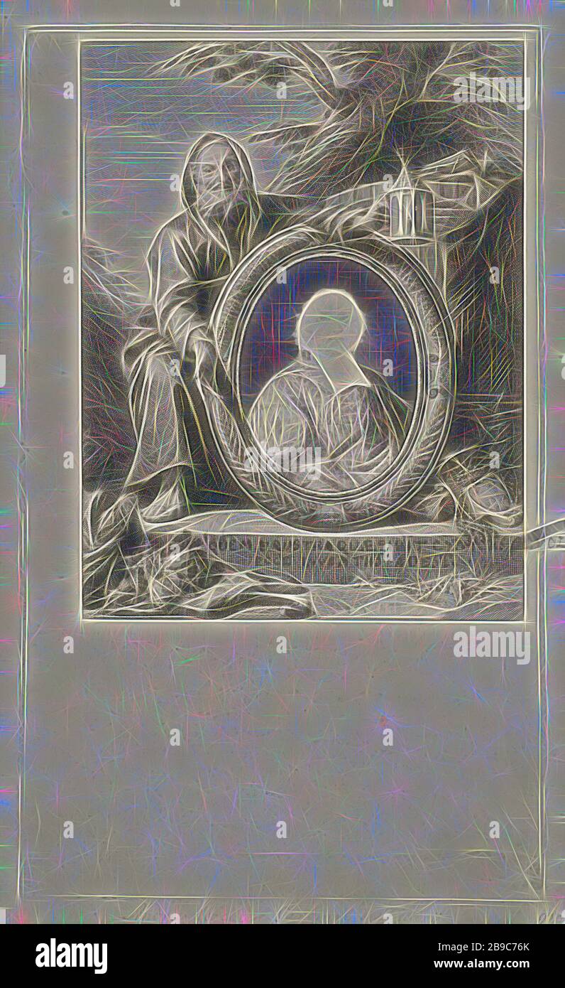 Diogenes con un ritratto di André-Hercule de Fleury, un Diogenes inginocchiato, con una lanterna in mano e sullo sfondo la sua vasca, con un ritratto incompiuto di André-Hercule de Fleury in un medaglione ovale ornamentale. A sinistra in primo piano verdure e sullo sfondo un albero. Mezzo di due righe manoscritte in latino, (storia di) Diogenes, il filosofo, André-Hercule de Fleury, Jacob Houbraken, Amsterdam, 1708 - 1780, carta, pennello, h 311 mm × w 185 mm, Reimagined by Gibon, disegno di calore allegro luminoso e luminoso raggi radianza. Arte classica reinventata con un moderno Foto Stock