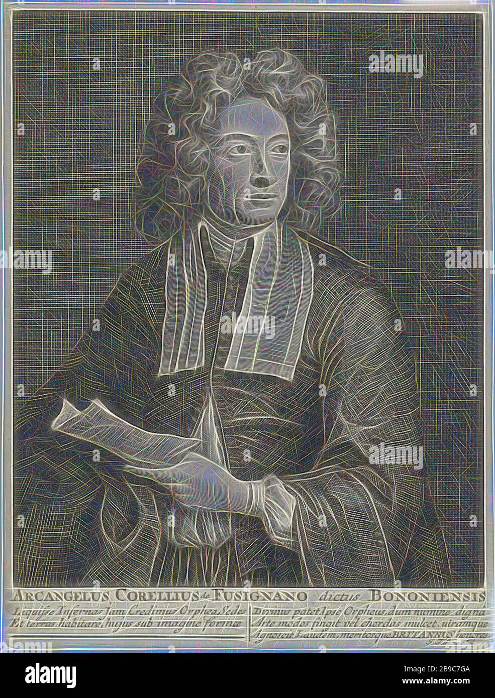 Ritratto di Arcangelo Corelli, ritratto a mezza lunghezza del compositore italiano Arcangelo Corelli. Sta tenendo un foglio musicale in mano. Sotto il ritratto si trova il nome completo della persona ritratta e un testo a cinque righe in latino nel margine., Arcangelo Corelli, Jacob Folkema (menzionato sull'oggetto), 1702 - 1767, carta, incisione, h 250 mm × w 188 mm, Reimagined by Gibon, design di calore allegro di luminosità e raggi di luce radianza. Arte classica reinventata con un tocco moderno. La fotografia ispirata al futurismo, che abbraccia l'energia dinamica della tecnologia moderna, del movimento, della velocità e rivoluziona il cul Foto Stock