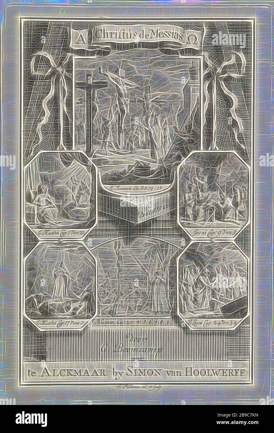 Sei scene bibliche della vita di Cristo, 1741, Jacob Folkema, Alkmaar, Reimagined by Gibon, disegno di calore allegro di luminosità e raggi di luce radianza. Arte classica reinventata con un tocco moderno. La fotografia ispirata al futurismo, che abbraccia l'energia dinamica della tecnologia moderna, del movimento, della velocità e rivoluziona la cultura. Foto Stock