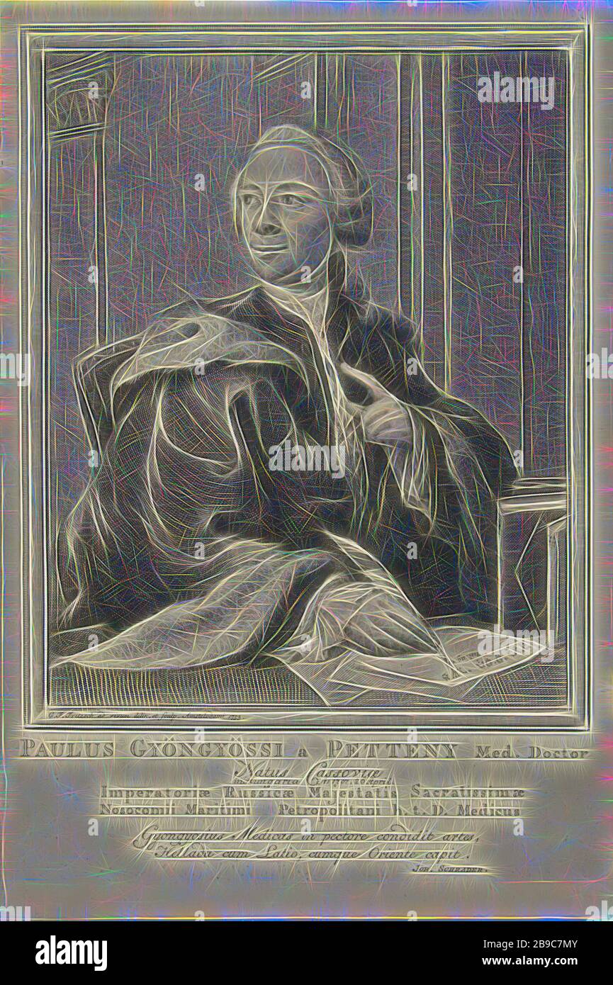 Ritratto di Paulus Gyöngyösi, medico e letterario ungherese Paulus Gyngyssi, che scrive con una piuma d'oca, seduto dietro una scrivania. Gyöngyösi guarda a sinistra, con il dito sollevato. Sotto il ritratto, sotto il suo nome e i titoli, ci sono quattro righe di testo, interamente in latino., Paulus Gyöngyösi, Christian Friedrich Fritzsch (citato su oggetto), Amsterdam, 1753, carta, incisione, h 291 mm × w 201 mm, Reimagined by Gibon, disegno di calore allegro di luminosità e raggi di luce radianza. Arte classica reinventata con un tocco moderno. Fotografia ispirata al futurismo, abbracciando il dy Foto Stock