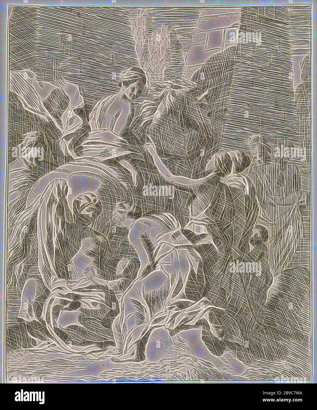 Cloelia sfugge sul retro di un cavallo rubato mitologico e allegorico rappresentazioni (titolo della serie), cloelia sfugge con un cavallo rubato dal campo degli Etruschi. Le altre donne imprigionate sono in piedi intorno a lei. La stampa fa parte di una serie di scene mitologiche e allegoriche, la cloelia e i suoi compagni sfuggono al campo di Porsena: Attraversa il Tevere a cavallo e convince i compagni a nuotare dopo di lei, Johannes Glauber (citato su oggetto), sconosciuto, 1656 - 1726, carta, incisione, w 142 mm × h 175 mm, Reimagined da Gibon, disegno di calore allegro di luminosità e. Foto Stock