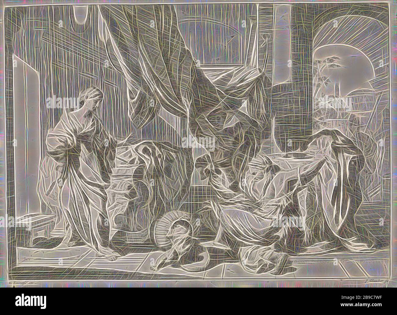 Herse Agraulos e aprire il cestello con il bambino Erichthonius bibliche, mitologiche e rappresentazioni allegoriche (titolo serie), due figlie di re Kekrops, Herse e Agraulos, hanno aperto il cestello che Athena aveva affidato alla loro sorella Pandrosos. Dal cestello, che è sdraiato sul suo lato, il bambino Erichthonius viene strisciando con un serpente la coda come l'addome. Questa unità vista Herse e Agraulos alla pazzia. Pandrosos sembra sorpreso. La stampa è parte di una serie con bibliche, mitologiche e rappresentazioni allegoriche., Johannes Glauber (menzionato in oggetto), 1656 - 1726, p Foto Stock