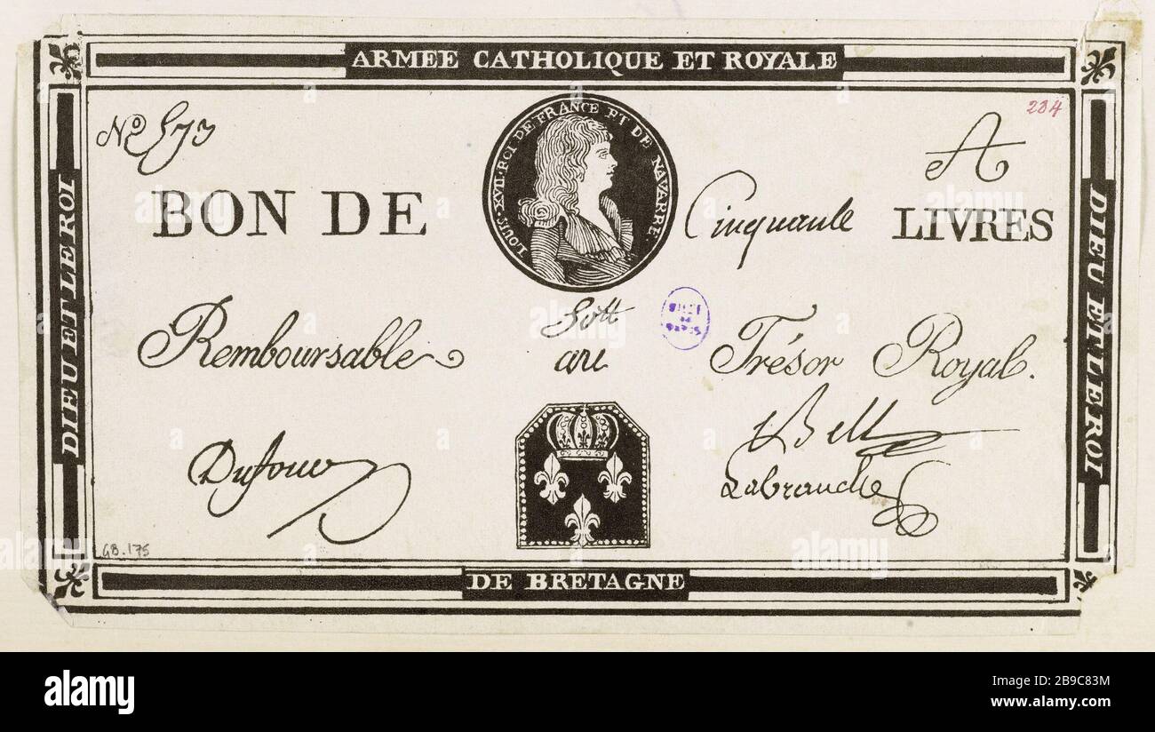 Good 50 libbre, cattolico e esercito reale di Gran Bretagna, effigie di Luigi XVII, No. 573 - un Armée Catholique et Royale de Bretagne. Bon de 50 livres, Armée Catholique et Royale de Bretagne, effigie de Louis XVII, n° 573 - A. Parigi, musée Carnavalet. Foto Stock