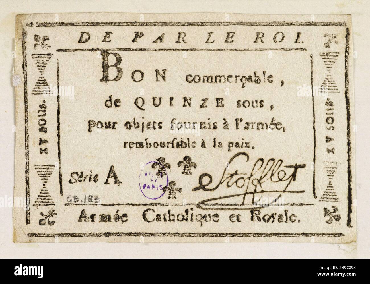 Buona commerciabile 15 under, Catholic and Royal Army, Serie A Armée Catholique et Royale de Vendée. Bon commerçable de 15 sous, Armée catholique et royale, série A. Parigi, musée Carnavalet. Foto Stock