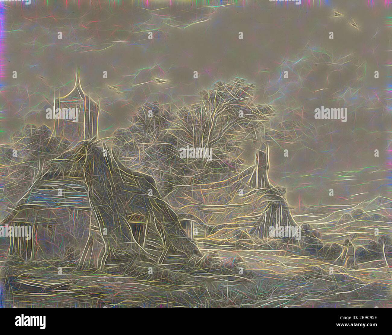 Paesaggio con due fattoria e una torre della chiesa, Pieter Pietersz. Barbiers, 1759 - 1842, carta, matita, pennello, h 348 mm × w 440 mm, Reimagined by Gibon, disegno di calore allegro di luminosità e raggi di luce radianza. Arte classica reinventata con un tocco moderno. La fotografia ispirata al futurismo, che abbraccia l'energia dinamica della tecnologia moderna, del movimento, della velocità e rivoluziona la cultura. Foto Stock