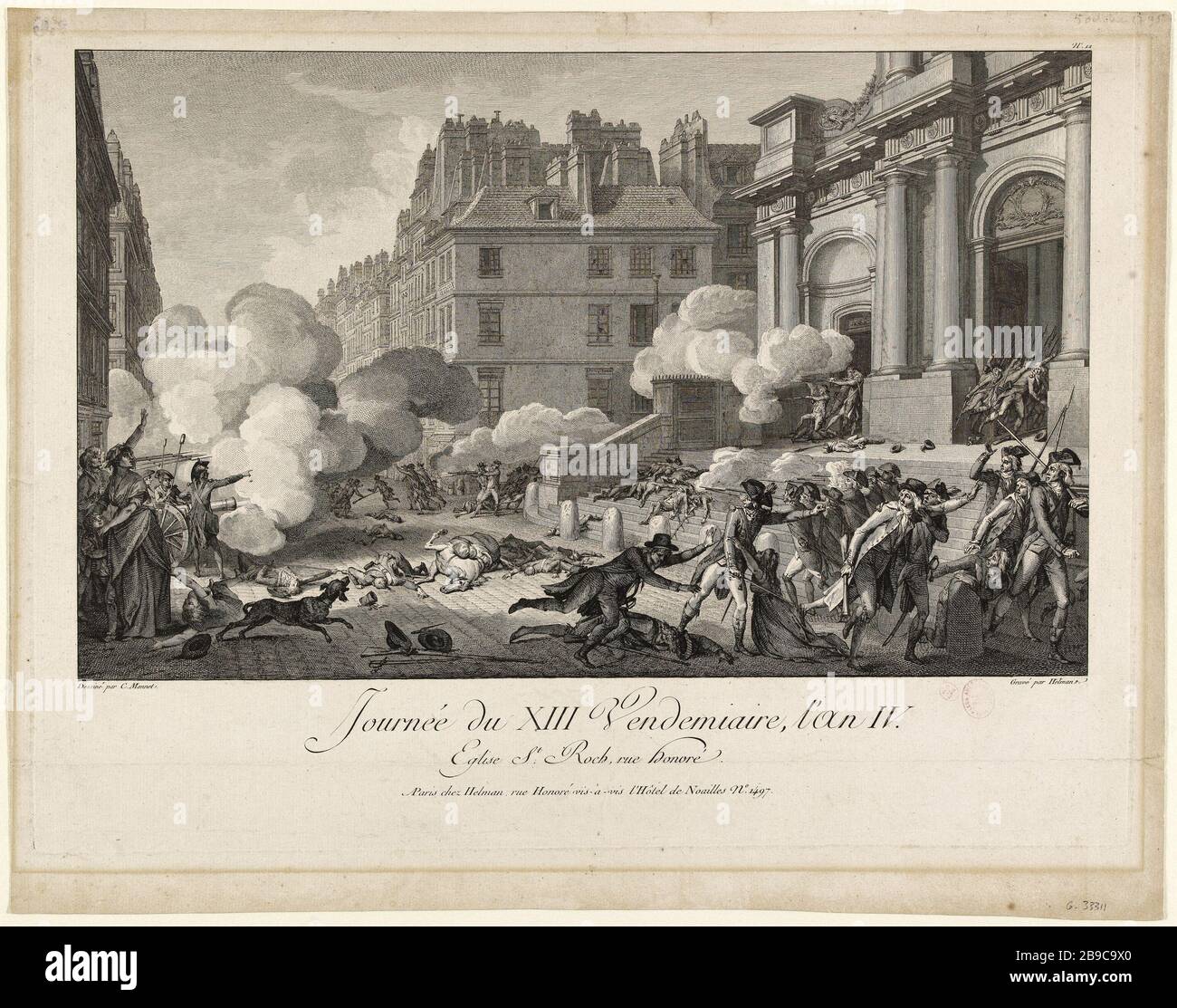 Giorno XIII anno Vendemiaire IV, chiesa di San Rocco, rue St Honoré (5 ottobre 1795) Isidore Stanislas Helman (1743-1806) et Charles Monnet (1732-1808). Journée du XIII vendeliaire l'an IV, église St Roch, rue St Honoré (5 ottobre 1795). Eau-forte. 1797. Parigi, musée Carnavalet. Foto Stock