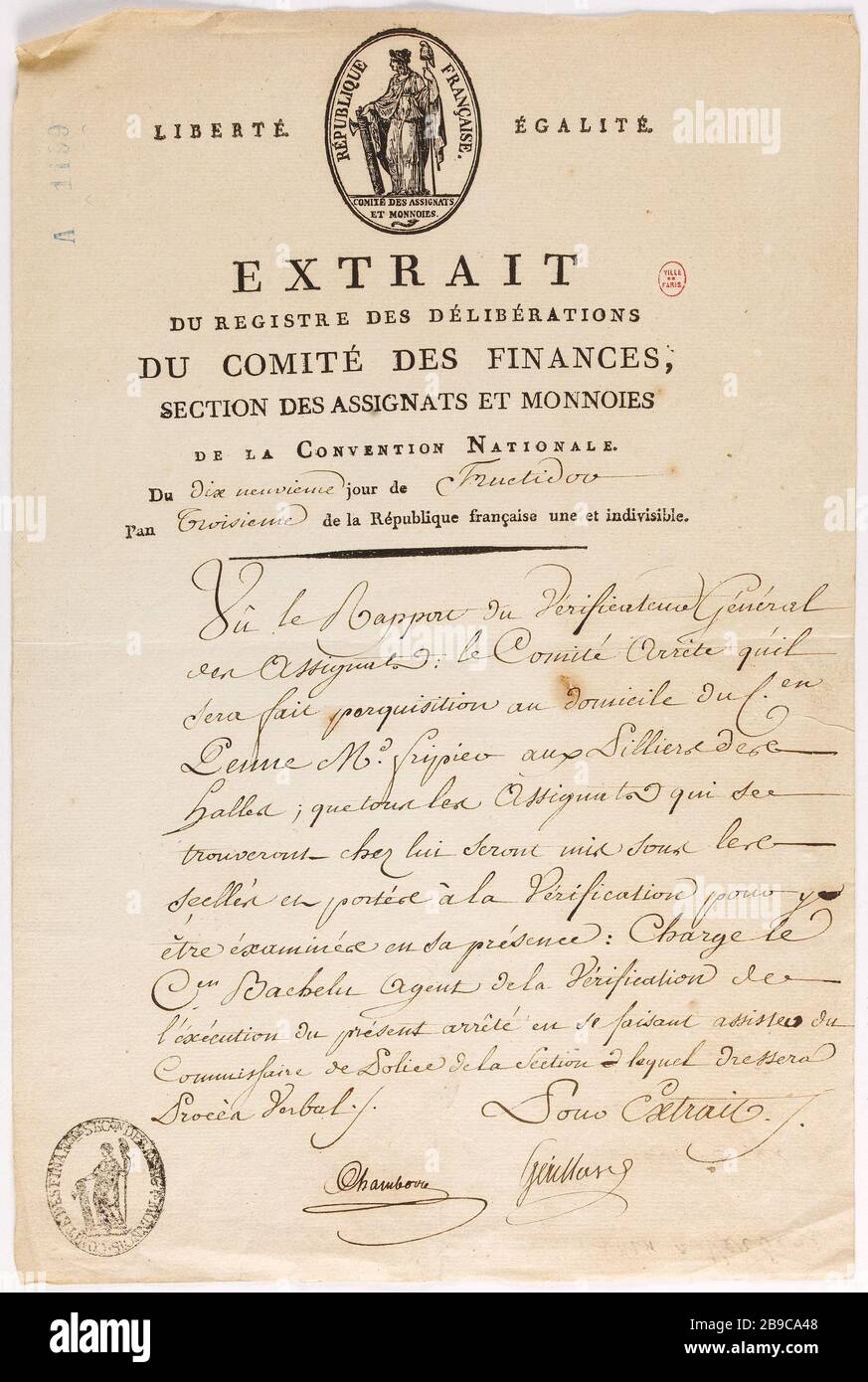 Estratto dal registro delle deliberazioni del Comitato finanziario, delle cantierazioni e delle somme di denaro [19 Fructidor anno 3]. Anonyme. Extrait du registre des délibérazioni du comité des finances, section des assignats et monnoies [19 fructidor an 3]. Typographie, encré brune. 1795. Parigi, musée Carnavalet. Foto Stock