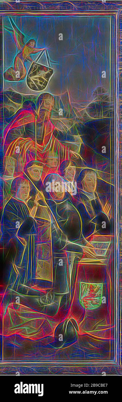 Memorial pannello con otto ritratti maschio, probabilmente Willem van Jelysz Soutelande e la famiglia con San Giacomo il Maggiore e il Van Soutelande famiglia cresta, interno ala sinistra di un retablo, pannello laterale di un memoriale di pezzo con otto ritratti di uomini e nove donne, accompagnati rispettivamente dai santi Giacomo Maggiore e Maria Maddalena. Sul pannello di sinistra il fondatore inginocchiato Willem van Jelysz Soutelande (d. 1515-16) nella corazza di un cavaliere della Confraternita della Terra Santa. Un altare davanti a lui con un libro aperto, dietro di lui sette uomini (i suoi figli?) e di San Giacomo Maggiore. Nel cielo un Angelo wi Foto Stock