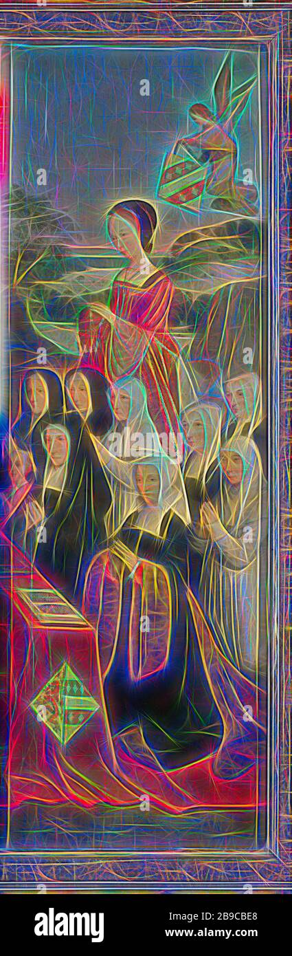 Memorial pannello con nove ritratti femminili, probabilmente Kathrijn Willemdsdr van der innesto e famiglia, con Santa Maria Maddalena e il Van Soutelande Famiglia e Van der Graft-Van Soutelande creste, interno ala destra di una pala, pannello laterale di un memoriale di pezzo con otto ritratti di uomini e nove donne, accompagnato da santi principali e di Maria Maddalena rispettivamente. Sul pannello di sinistra il fondatore inginocchiato Willem van Jelysz Soutelande (d. 1515-16) nella corazza di un cavaliere della Confraternita della Terra Santa. Un altare davanti a lui con un libro aperto, dietro di lui sette uomini (i suoi figli?) e San Jam Foto Stock