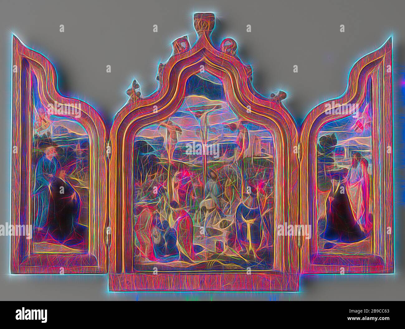 Trittico Trittico con la Crocifissione (pannello centrale), San Pietro e un donatore maschio (interno ala sinistra), St James e un donatore femmina (interno ala destra), San Cristoforo e Cristo bambino sulla strada della vita (le ali esterne), il Trittico con la crocifissione di Cristo sul pannello centrale, sul lato sinistro del pannello un maschio in ginocchio fondatore con la Basilica di San Pietro e sul pannello laterale destro una femmina in ginocchio fondatore con San Giacomo. Al di sopra dei fondatori, putti volare con le armi della famiglia. Chiuso, la pala raffigura San Cristoforo a cavallo con il Cristo Bambino sul suo braccio, sulla destra un esercito di diavoli, la crucifi Foto Stock