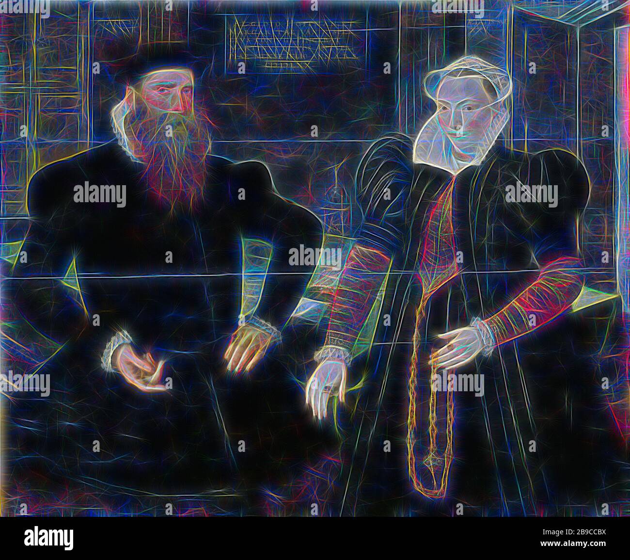 Ritratto di Gillis Hooftman, armatore, e sua moglie Margaretha van Nispen (Gilles van Eichenberg, Hoffman), Ritratto dell'armatore Gillis Hooftman (1521-81) con sua moglie Margaretha van Nispen (1545). Ginocchio, entrambi in piedi in una stanza di fronte a un tavolo con un orologio, guanti e una lettera., Maerten de Vos, lug-1570, pannello, pittura ad olio (vernice), h 116 cm × w 140,5 cm d 6,3 cm, Reimagined by Gibon, design di calore allegro di luminosità e raggi di luce radianza. Arte classica reinventata con un tocco moderno. Fotografia ispirata al futurismo, che abbraccia l'energia dinamica del tec moderno Foto Stock