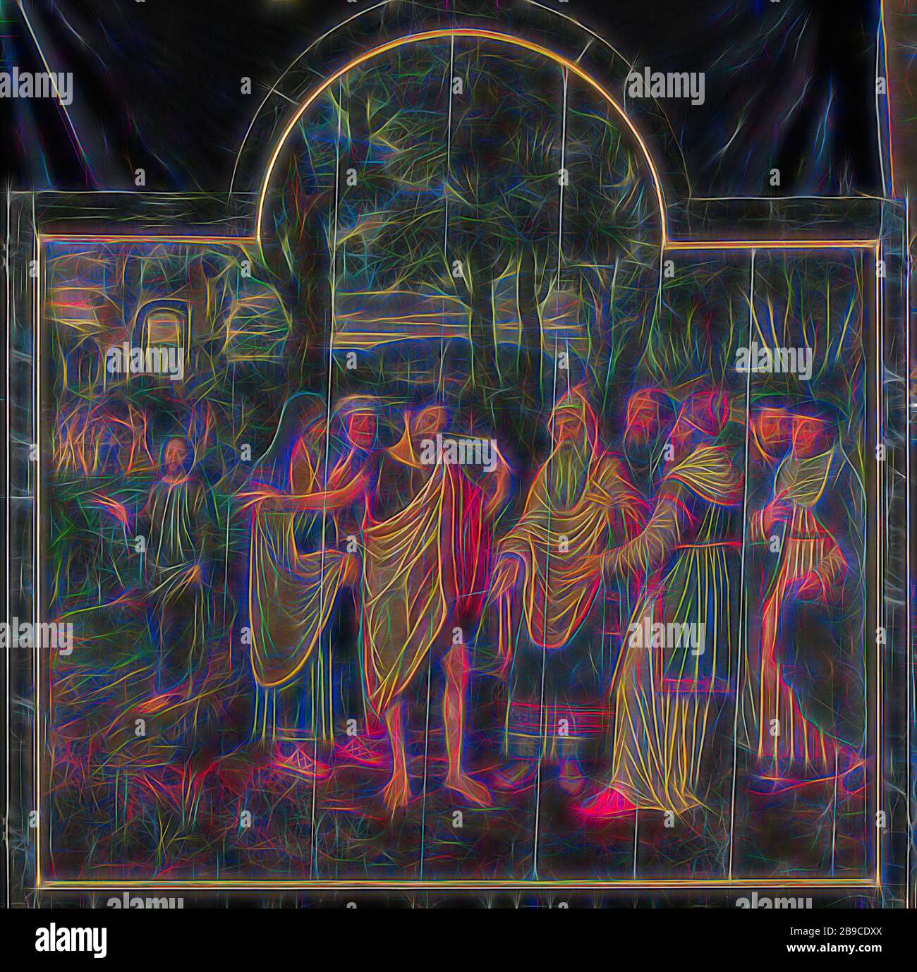 Giovanni Battista ammonisce i farisei, pannello centrale di un trittico, sul pannello centrale Giovanni Battista ammonisce i farisei, compresi due discepoli e Cristo. Sullo sfondo a sinistra, Johannes battezza nel Jordaan. Parte di un trittico con scene della vita di Giovanni Battista. La pala d'altare è stata realizzata per un monastero benedettino a Groot-Bijgaarden, nei pressi di Bruxelles. Con lista integrata., Jan van Coninxloo (II), Paesi Bassi del Sud, 1557, pannello, pittura ad olio (vernice), h 208,5 cm × w 201,5 cm × d 7,5 cm, Reimagined by Gibon, design di caldo allegro bagliore di luminosità e lig Foto Stock