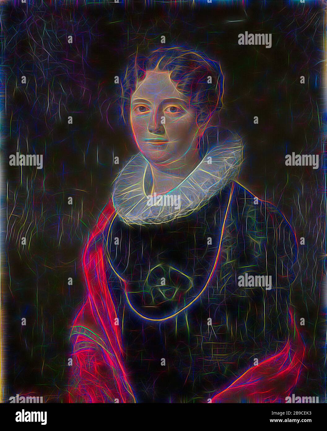 Marie Allebé-Herckenrath, nonna del pittore August Allebé, Ritratto di Marie Allebé-Herckenrath, la nonna del pittore August Allebé. Mezza lunghezza, con un grande collare bianco e una collana intorno al collo, persone storiche - BB - donna, Marie Allebé -Herckenrath, Cornelis Kruseman (citato in oggetto), 1820, tela, pittura ad olio (vernice), h 77 cm × w 62 cm d 9 cm, Reimagined by Gibon, design di calore allegro di luminosità e raggi di luce radianza. Arte classica reinventata con un tocco moderno. Fotografia ispirata al futurismo, che abbraccia l'energia dinamica della tecnologia moderna, Foto Stock