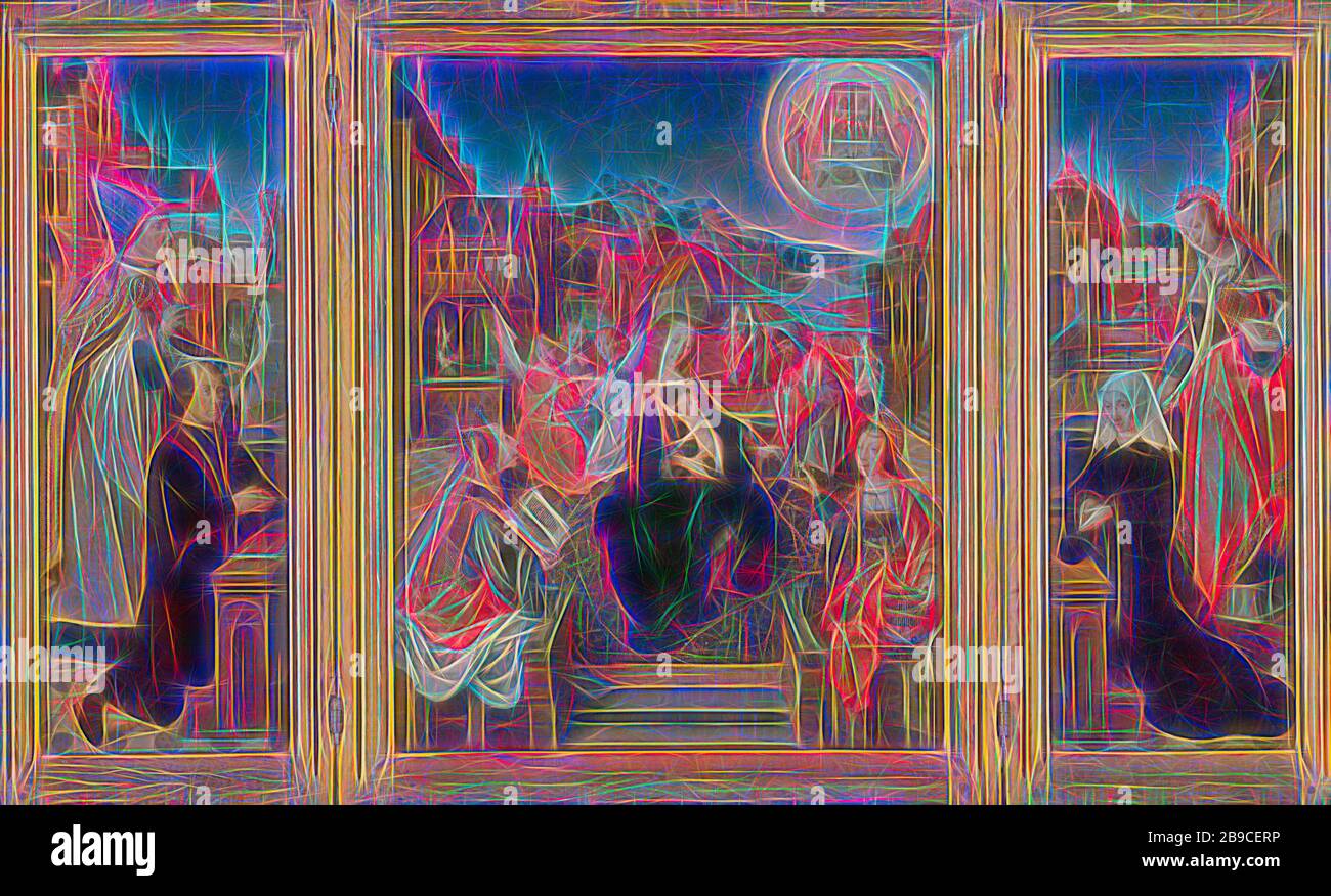 Trittico con Madonna con Bambino e Santi (centro), maschio donatore con Saint Martin (sinistra, ala interna), donatrice femminile con San Cunera (destra e l'Annunciazione (le ali esterne), il Trittico con Maria seduta sul pannello centrale con il Cristo Bambino sul suo giro nella fortificata corte di un castello. Due sibylls davanti con un libro e un cesto fiorito, tre angeli di musica sulla sinistra, Giuseppe sulla destra. In aria una visione in un alone di Dio seduto a un tabernacolo nel quale si custodisce il Retablo con la passione di strumenti o Arma Christi. Sul lato sinistro del pannello del fondatore inginocchiato con Saint Martin (Sint Maarten), su th Foto Stock