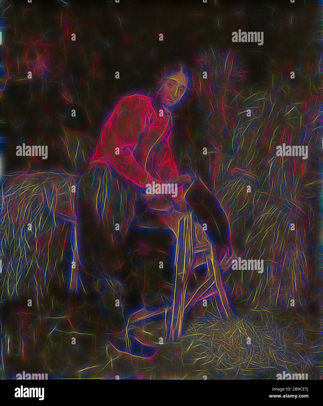 Rifilatura balle o fieno, la fresa paglia. In un fienile un servo taglia la paglia su un banco., Caspar Netscher (attribuito a), 1660 - 1684, pannello, pittura ad olio (vernice), h 29 cm × w 24,5 cm d 5,5 cm, Reimagined by Gibon, disegno di calore allegro di luminosità e raggi di luce radianza. Arte classica reinventata con un tocco moderno. La fotografia ispirata al futurismo, che abbraccia l'energia dinamica della tecnologia moderna, del movimento, della velocità e rivoluziona la cultura. Foto Stock