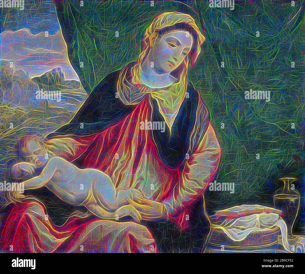 Madonna con Bambino dormiente, Madonna con bambino dormiente. Maria seduta  con il bambino di Cristo sdraiato sul suo grembo. Legge in un libro aperto  che giace su un cesto con cravatte, Madonna: