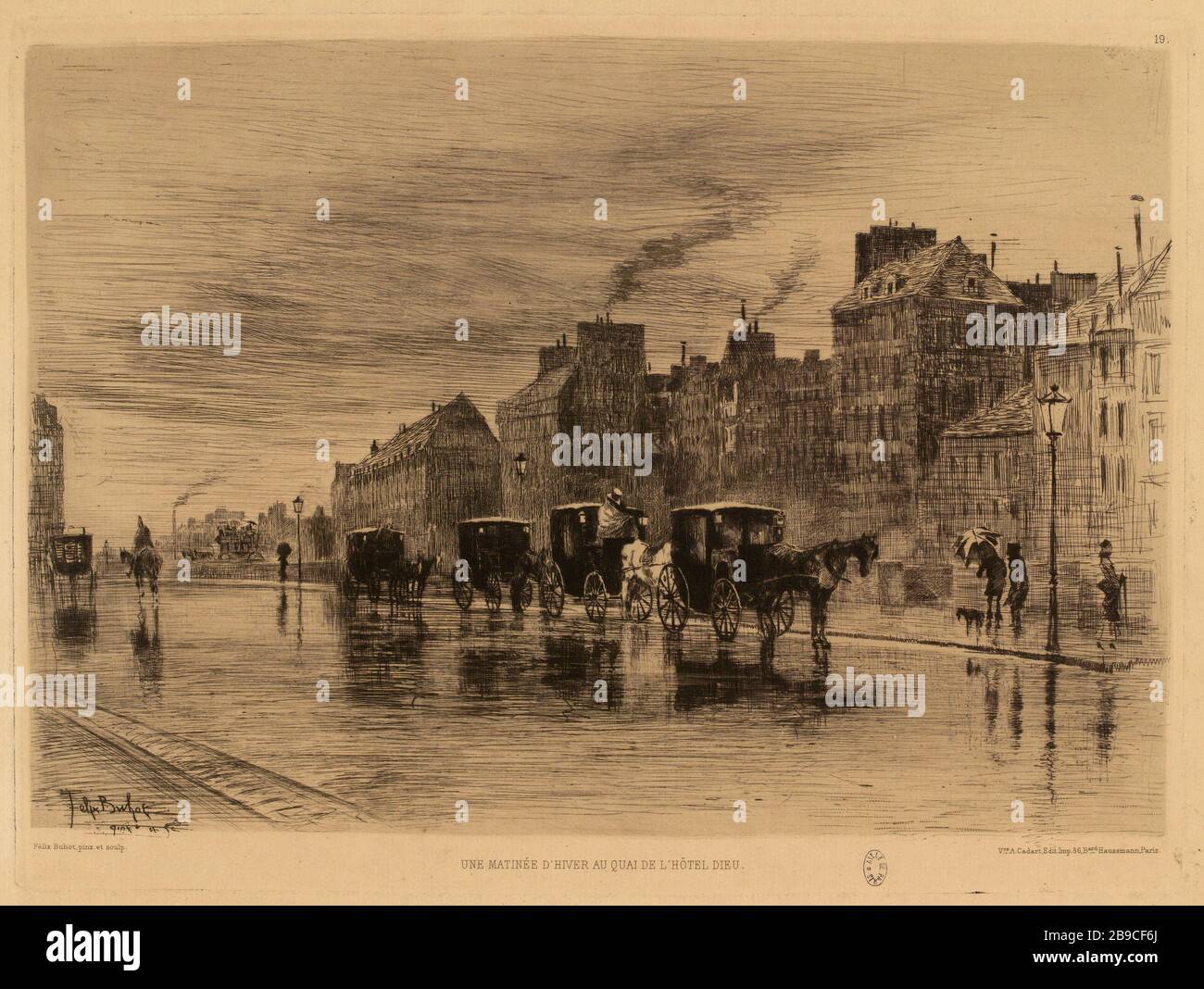 Una mattinata d'inverno al molo dell'Hotel Dieu. (MFR 87) (titolo incluso) | le cabine sotto la pioggia (titolo fittizio). Foto Stock