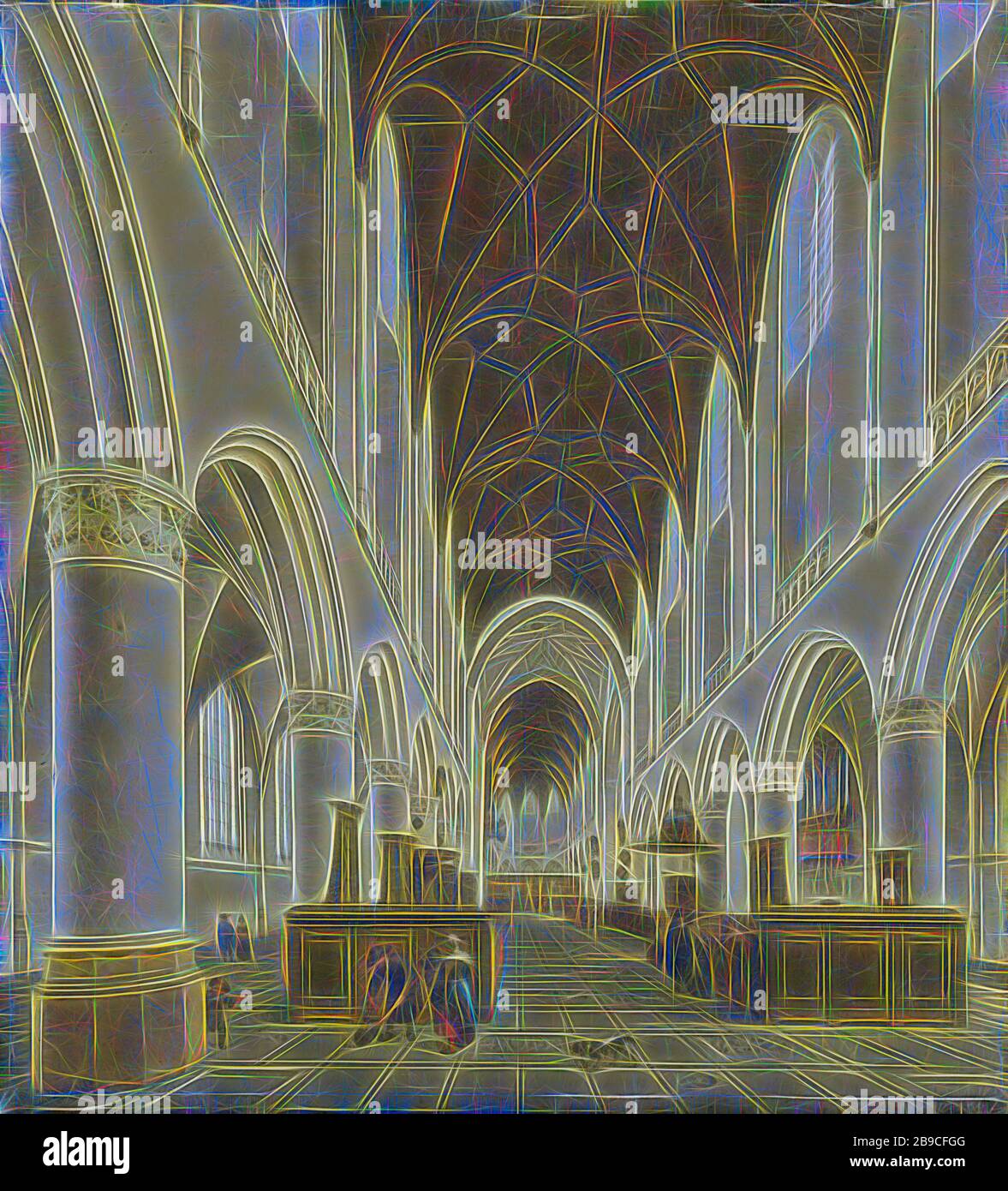 L'interno della chiesa di San Bavo a Haarlem, l'interno della chiesa di San Bavo a Haarlem. Interno della chiesa con una vista attraverso la navata al coro. La Chiesa piglia su entrambi i lati, a sinistra un uomo spazza con le scope. In primo piano un cane abbaiato, Sint-Bavokerk, Isaak van Nickelen, 1660 - 1703, tela, pittura ad olio (vernice), h 49 cm × w 43 cm d 7,5 cm, Reimagined by Gibon, disegno di calore allegro di luminosità e raggi di luce radianza. Arte classica reinventata con un tocco moderno. Fotografia ispirata al futurismo, che abbraccia l'energia dinamica della tecnologia moderna, del movimento, della velocità e del revo Foto Stock